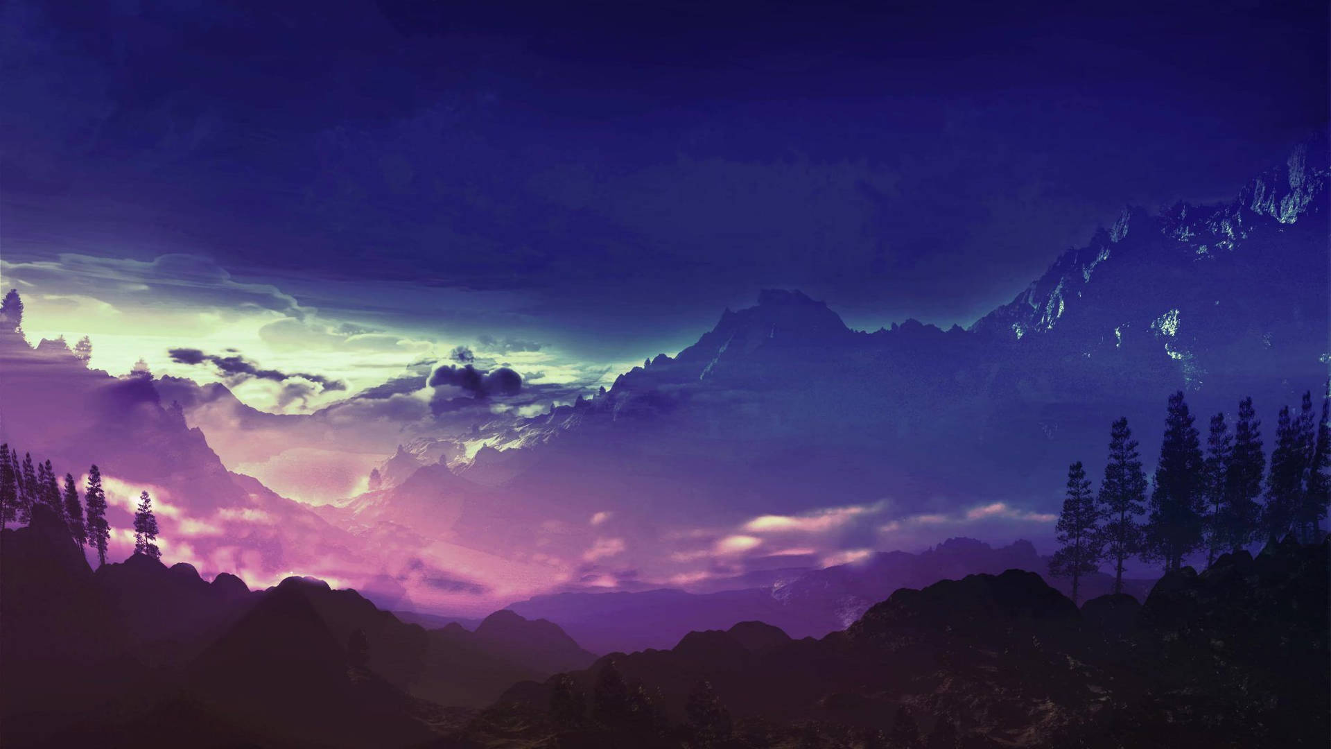 ภาพพื้นหลังท้องฟ้าพายุสีน้ำเงินเข้มม่วงและภูเขา — 4K วอลเปเปอร์