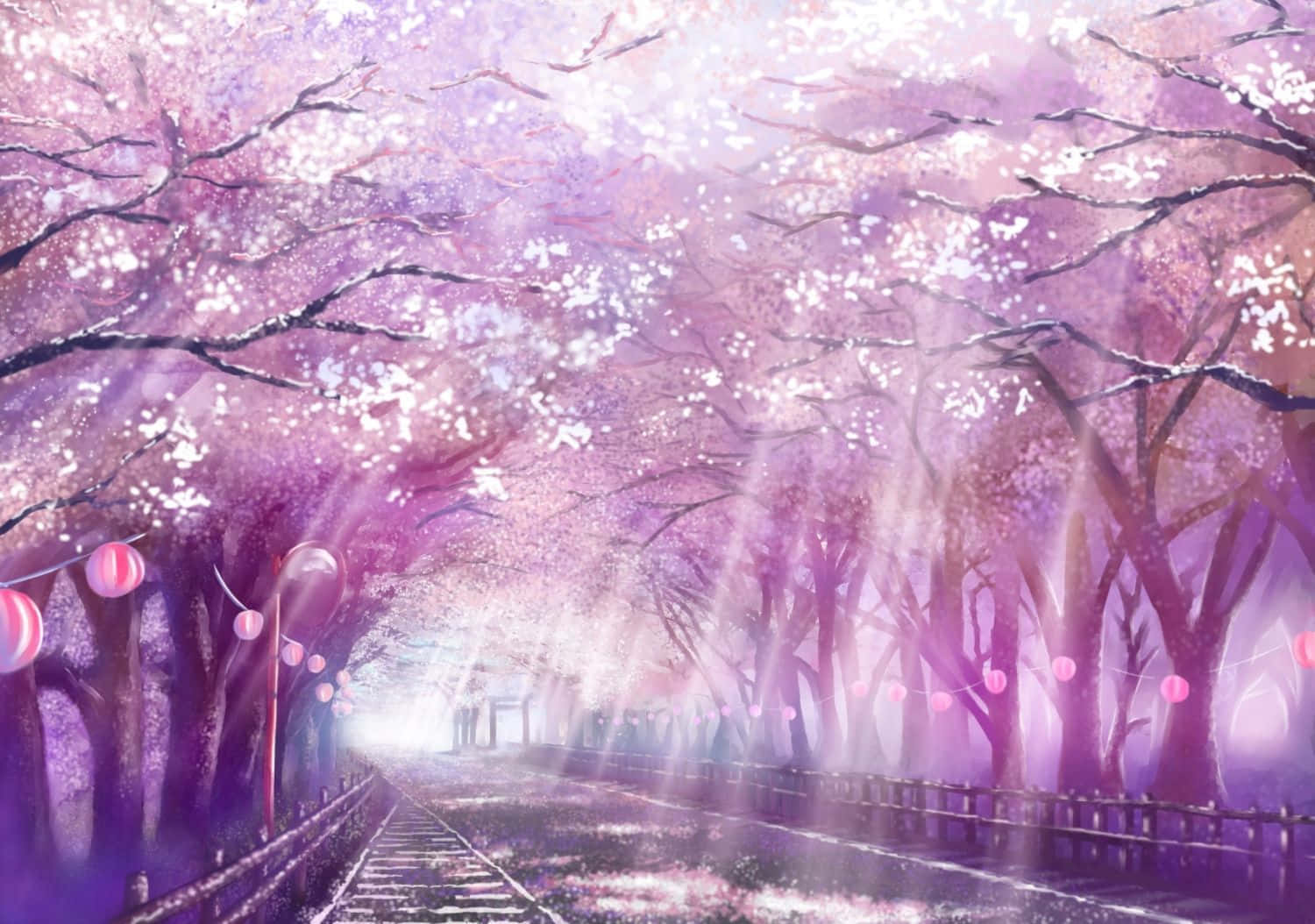 ทิวทัศน์ต้นซากุระสีชมพูสไตล์อนิเมะสวยงาม วอลเปเปอร์