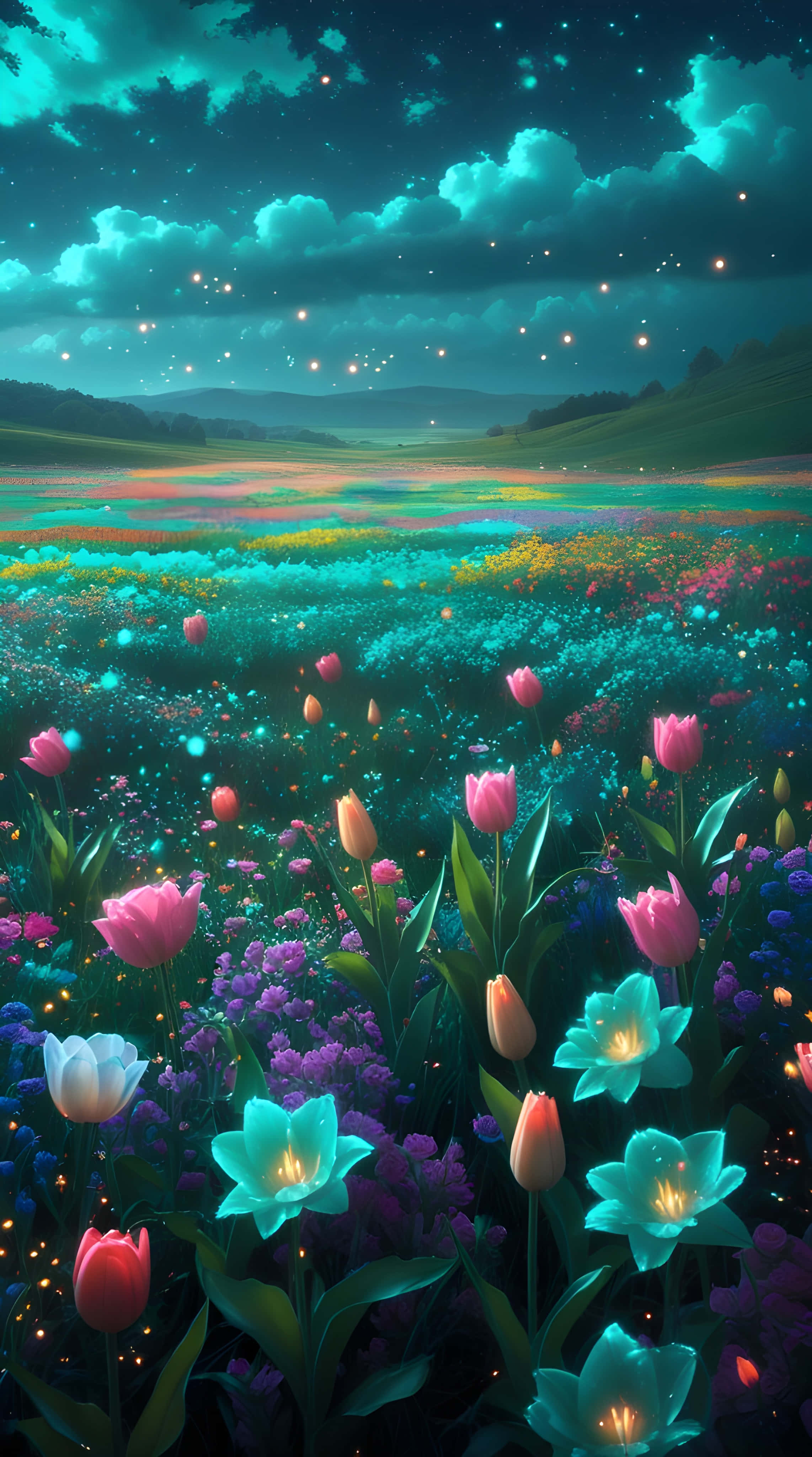 ทิวทัศน์ยามค่ำคืนที่สวยงามของดอกไม้และธรรมชาติ วอลเปเปอร์