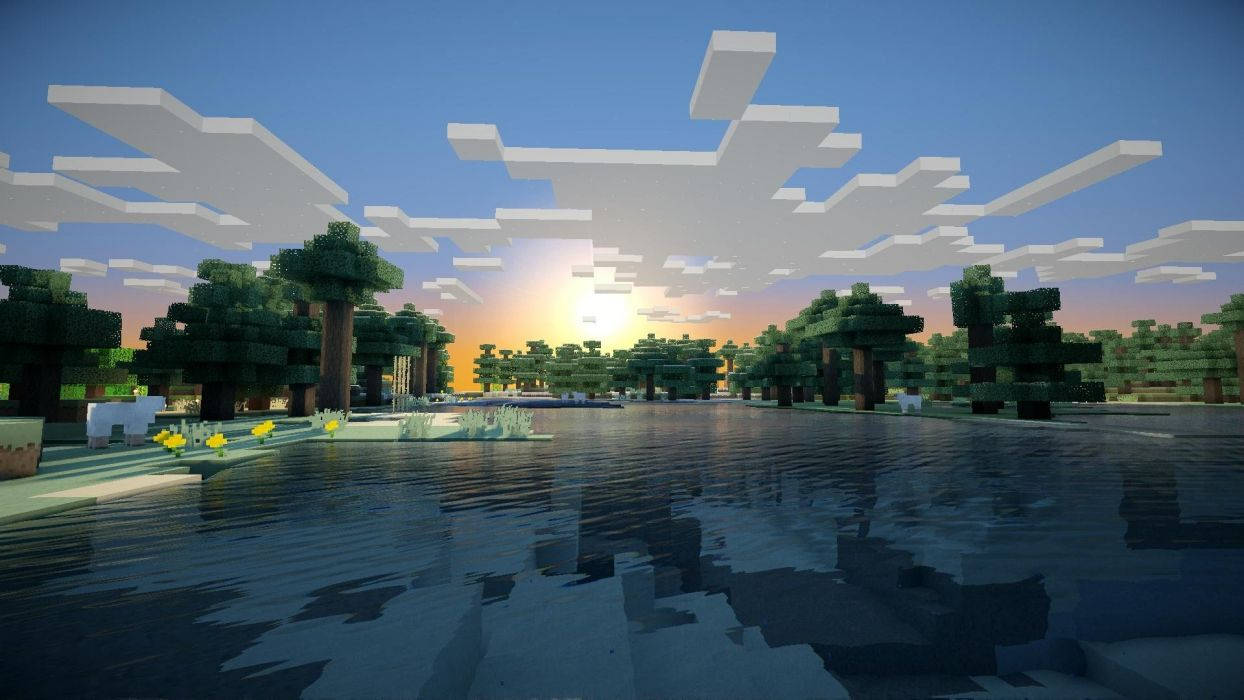วอลเปเปอร์มุมมองธรรมชาติยามเช้าพระอาทิตย์ขึ้นมีเมฆ Minecraft — มายคราฟ วอลเปเปอร์