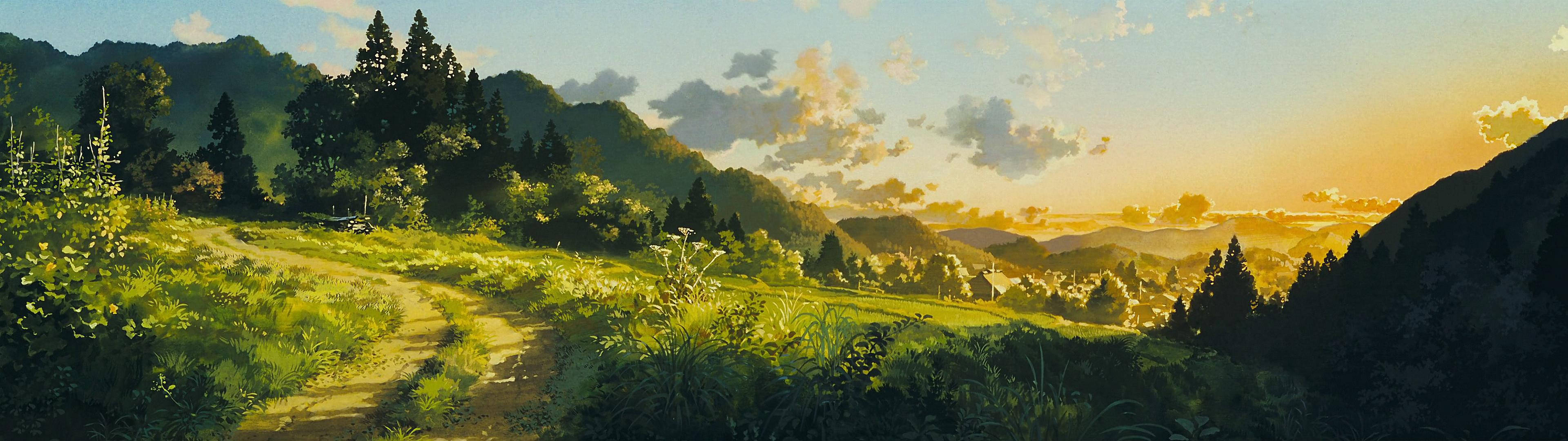 ทิวทัศน์สีเขียวธรรมชาติสไตล์อนิเมะสำหรับวอลเปเปอร์จอคู่ — ดูอัลมอนิเตอร์ GIF วอลเปเปอร์