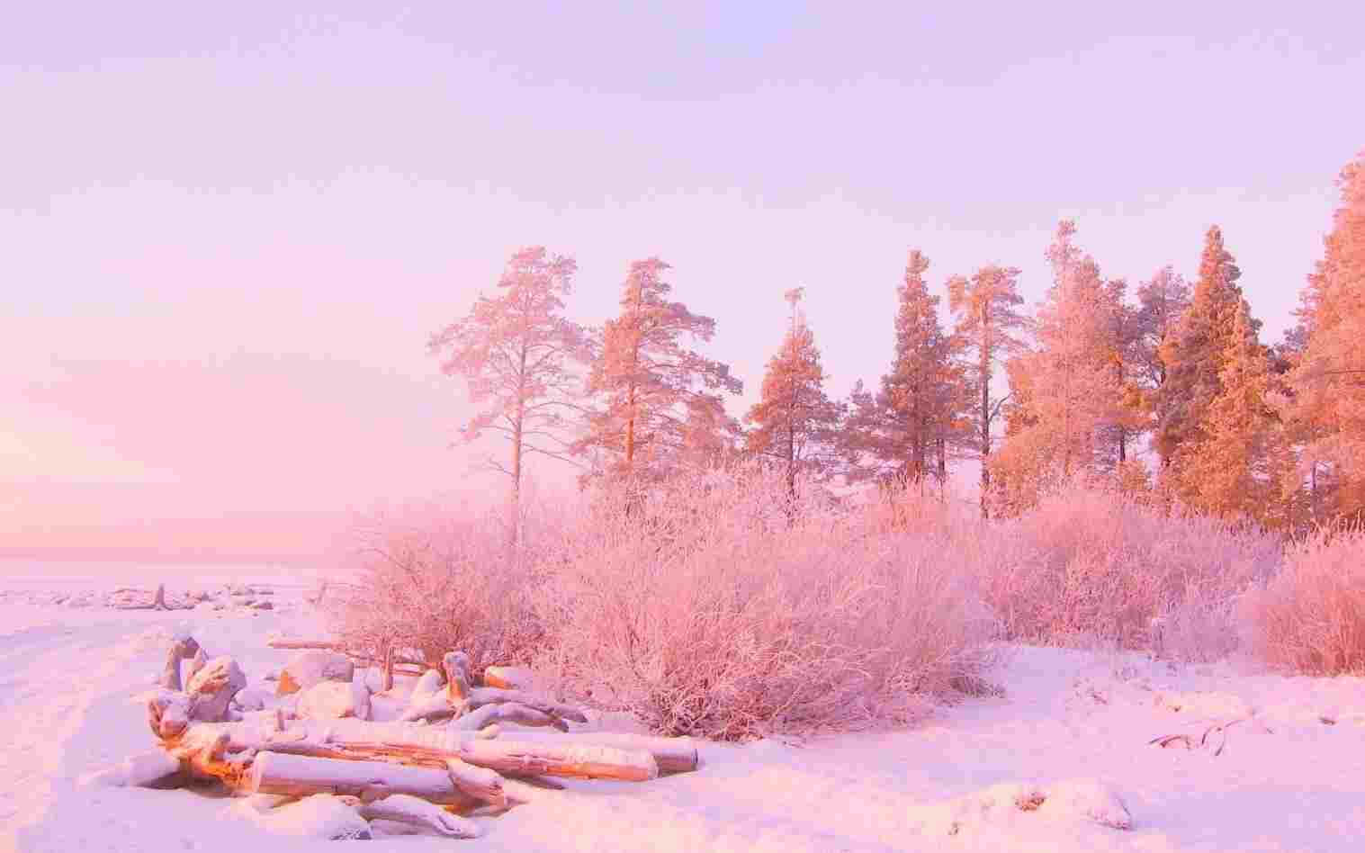 ทิวทัศน์หิมะสีชมพูพาสเทลสไตล์สวยงามสำหรับคอมพิวเตอร์ วอลเปเปอร์
