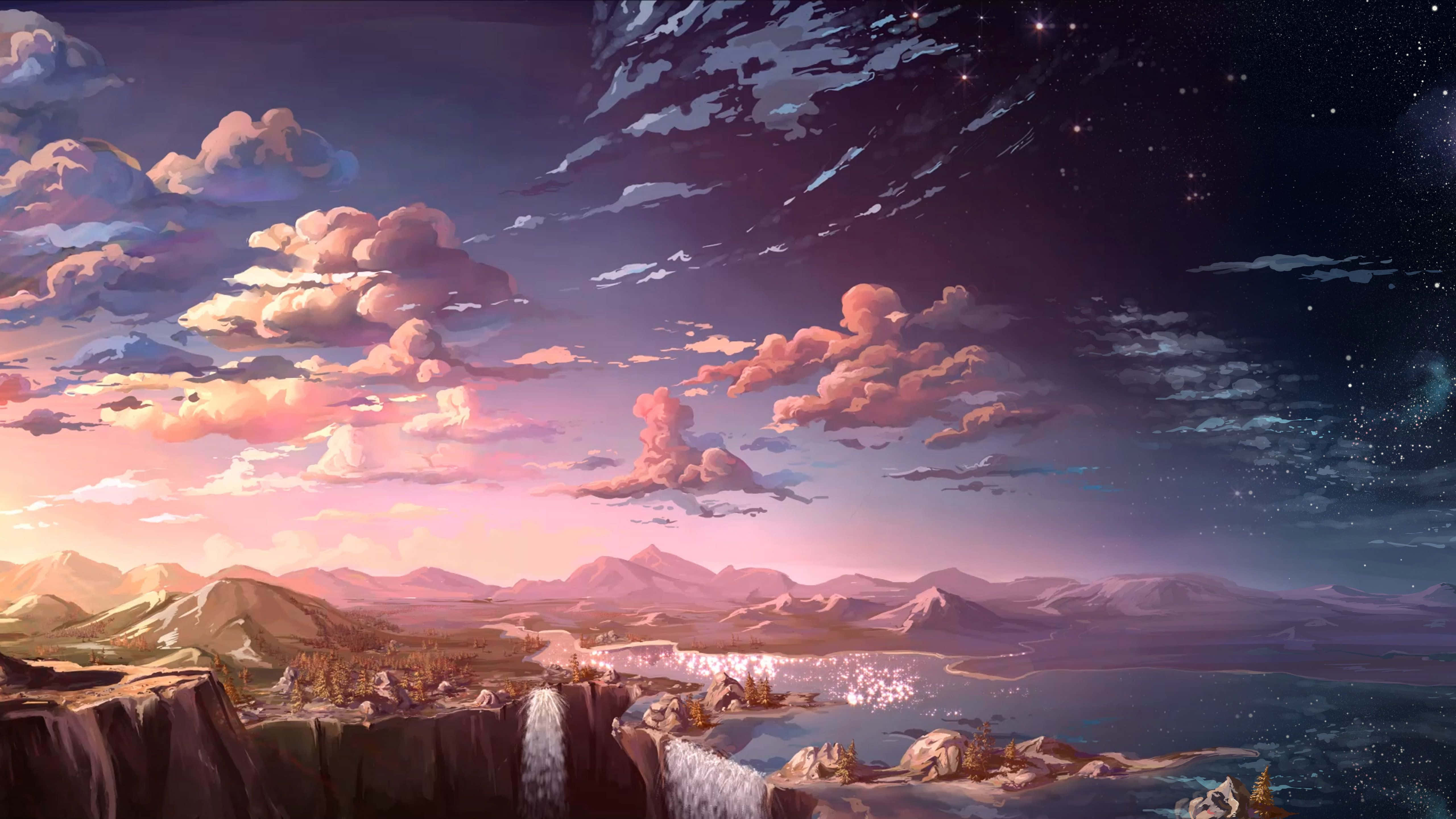 ทิวทัศน์อนิเมะริมทะเลสาบที่สวยงาม วอลเปเปอร์