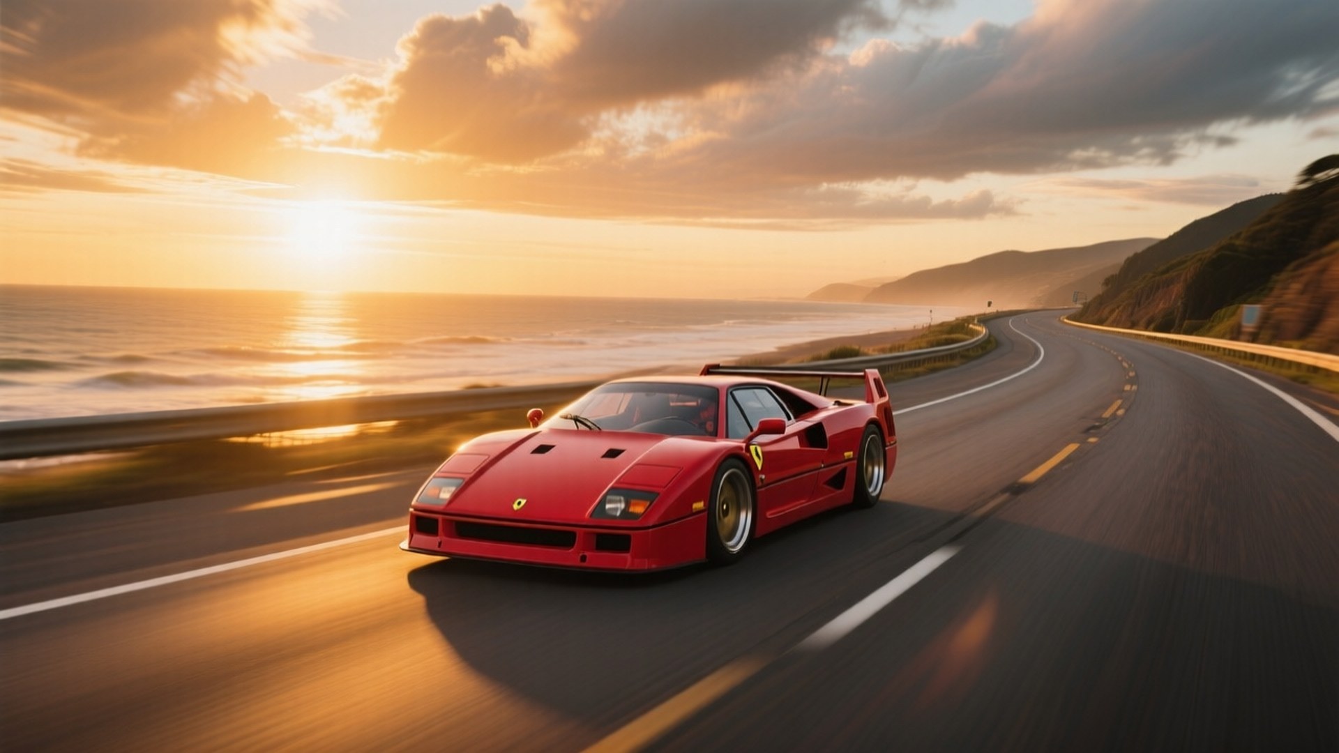 เฟอร์รารี F40 สีแดงกำลังเร่งความเร็วบนทางหลวงชายฝั่งยามพระอาทิตย์ตก — รถเท่ๆ GIF วอลเปเปอร์