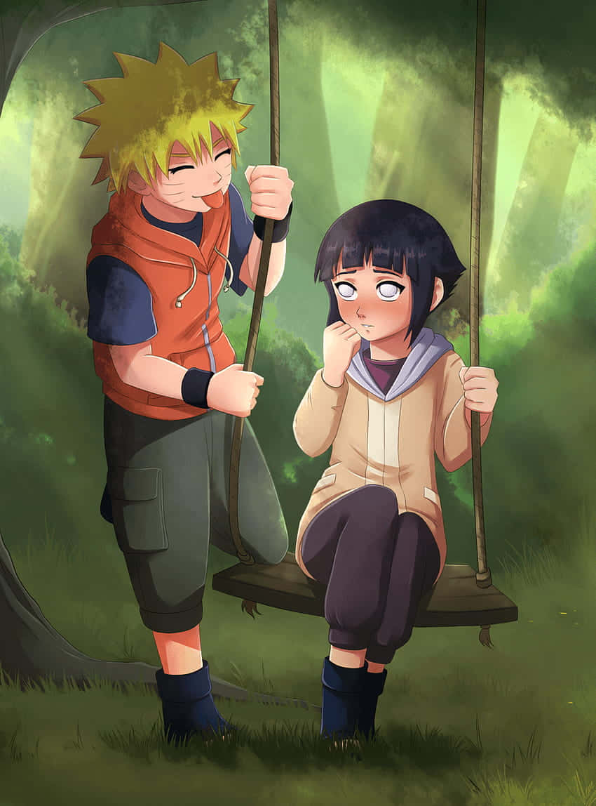 นารูโตะกับฮินาตะน่ารักกำลังโหนเชือกในป่า วอลเปเปอร์