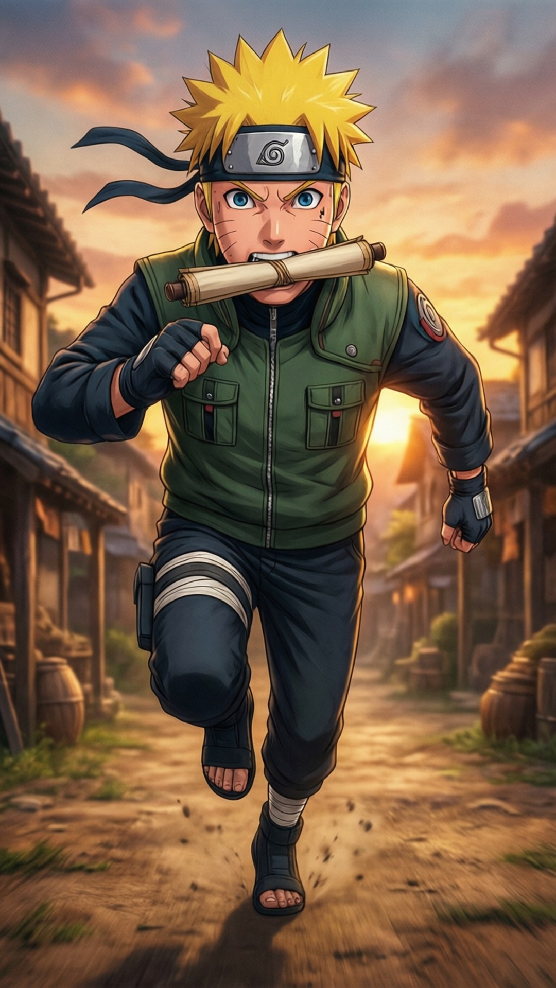 นารูโตะกำลังวิ่งพร้อมกับม้วนคัมภีร์ในท่าแอ็กชัน — นารูโตะ GIF มือถือ วอลเปเปอร์