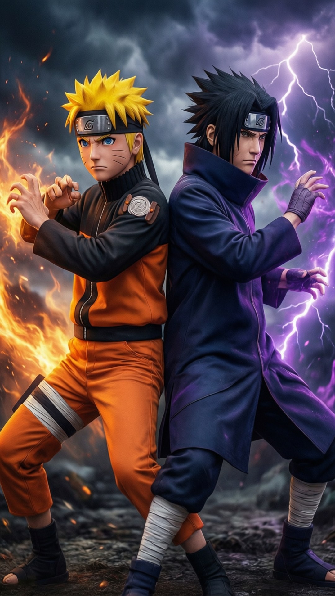 นารูโตะและซาสึเกะยืนหลังชนกันในท่าพร้อมสู้ — นารูโตะ GIF มือถือ วอลเปเปอร์