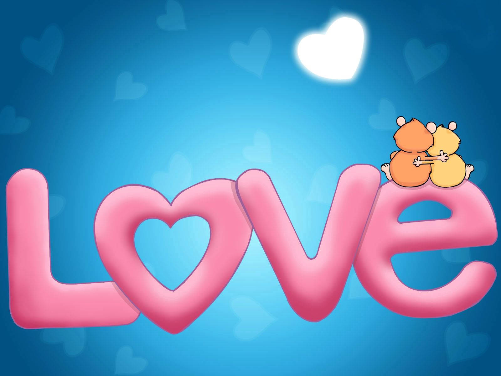 ข้อความ "love" สีชมพู พร้อมแมวการ์ตูนคู่นั่งกอดกันบนพื้นหลังสีฟ้าที่มีหัวใจจางๆ — ความรัก วอลเปเปอร์