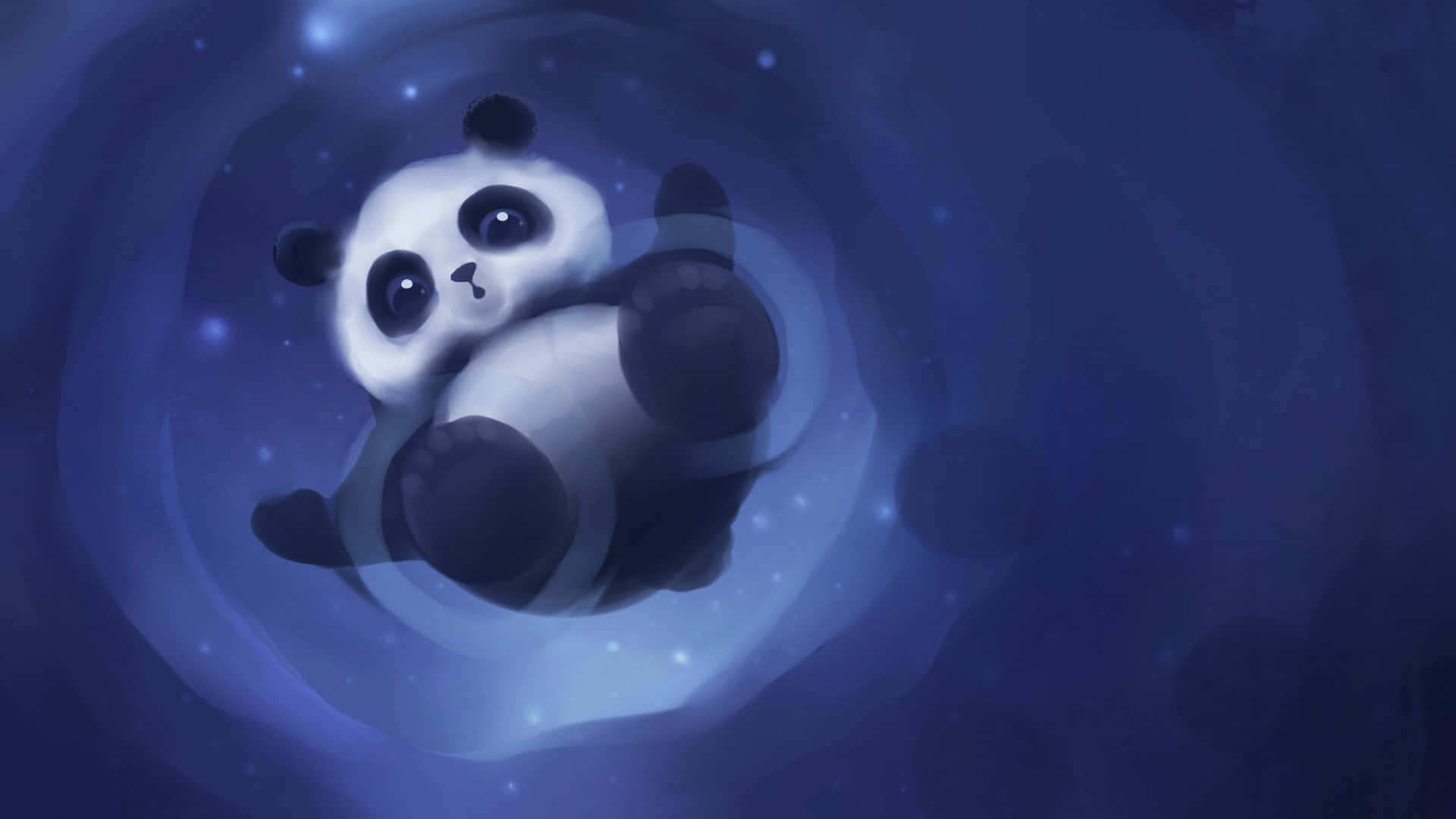 น่าหลงใหลกับหมีแพนด้าการ์ตูนน่ารักในจักรวาลเกลียวสีฟ้าสีสันสดใส วอลเปเปอร์