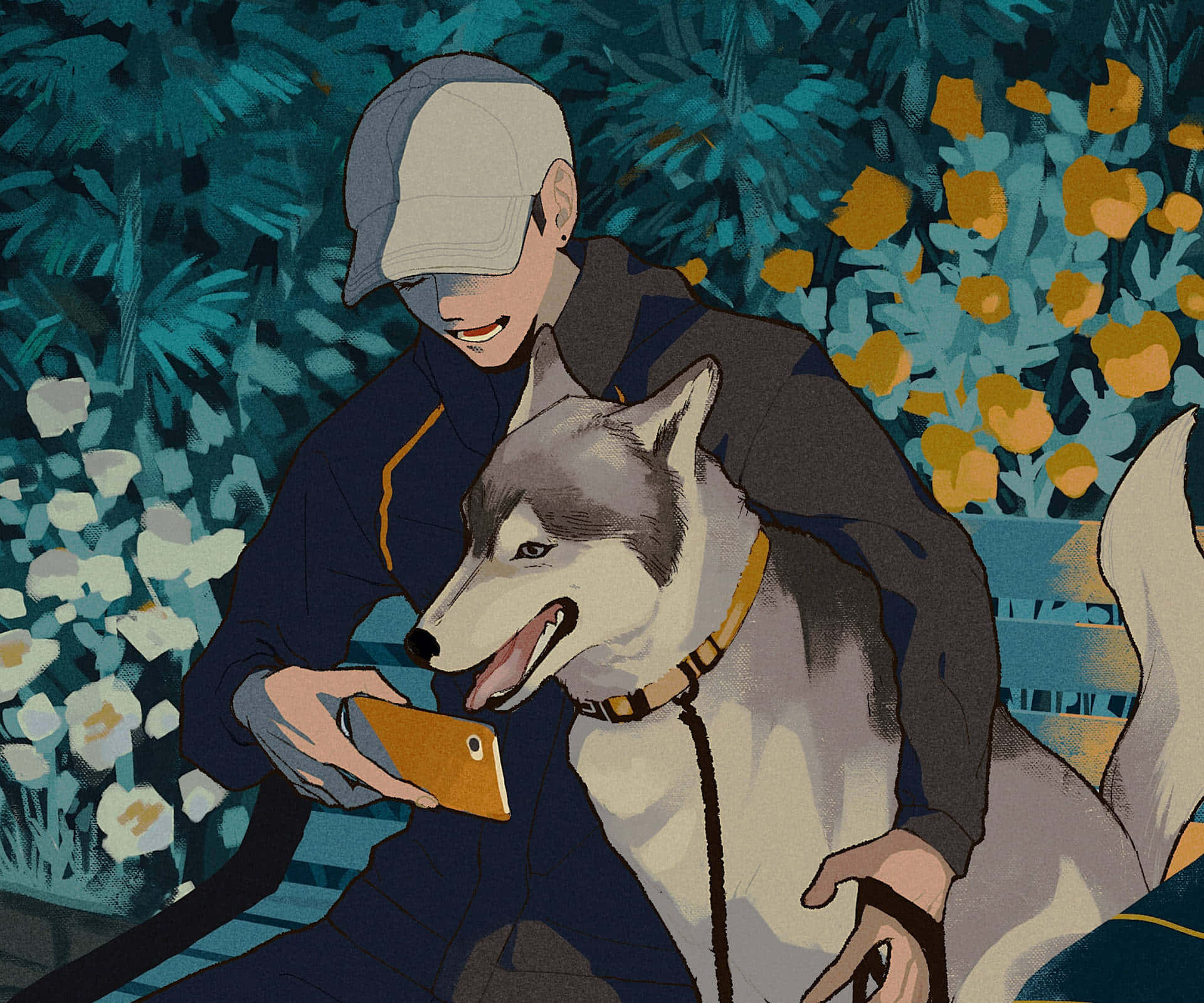 น้องหมาคาร์ตูนน่ารักกำลังดูโทรศัพท์ วอลเปเปอร์