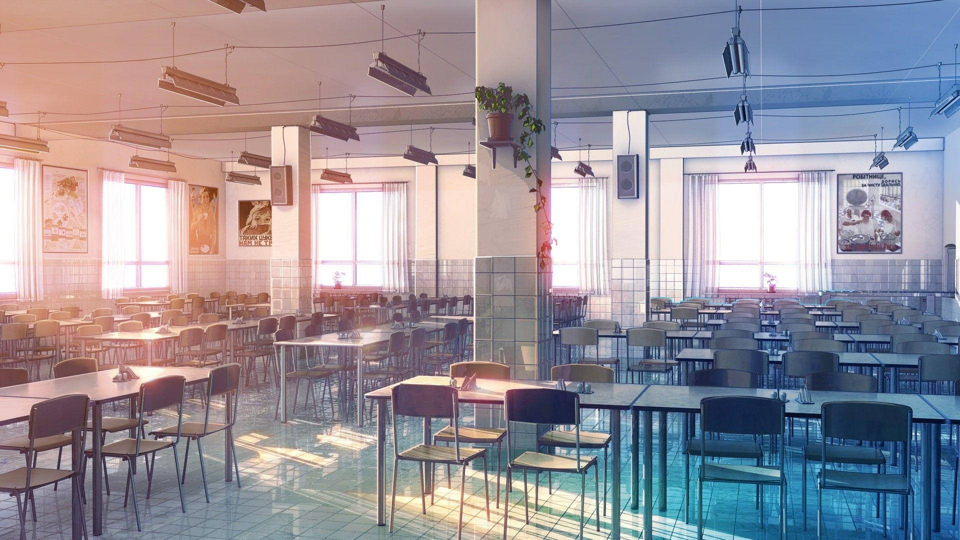 บรรยากาศโรงเรียนอนิเมะโรงอาหารว่างเปล่าตอนพระอาทิตย์ตก วอลเปเปอร์