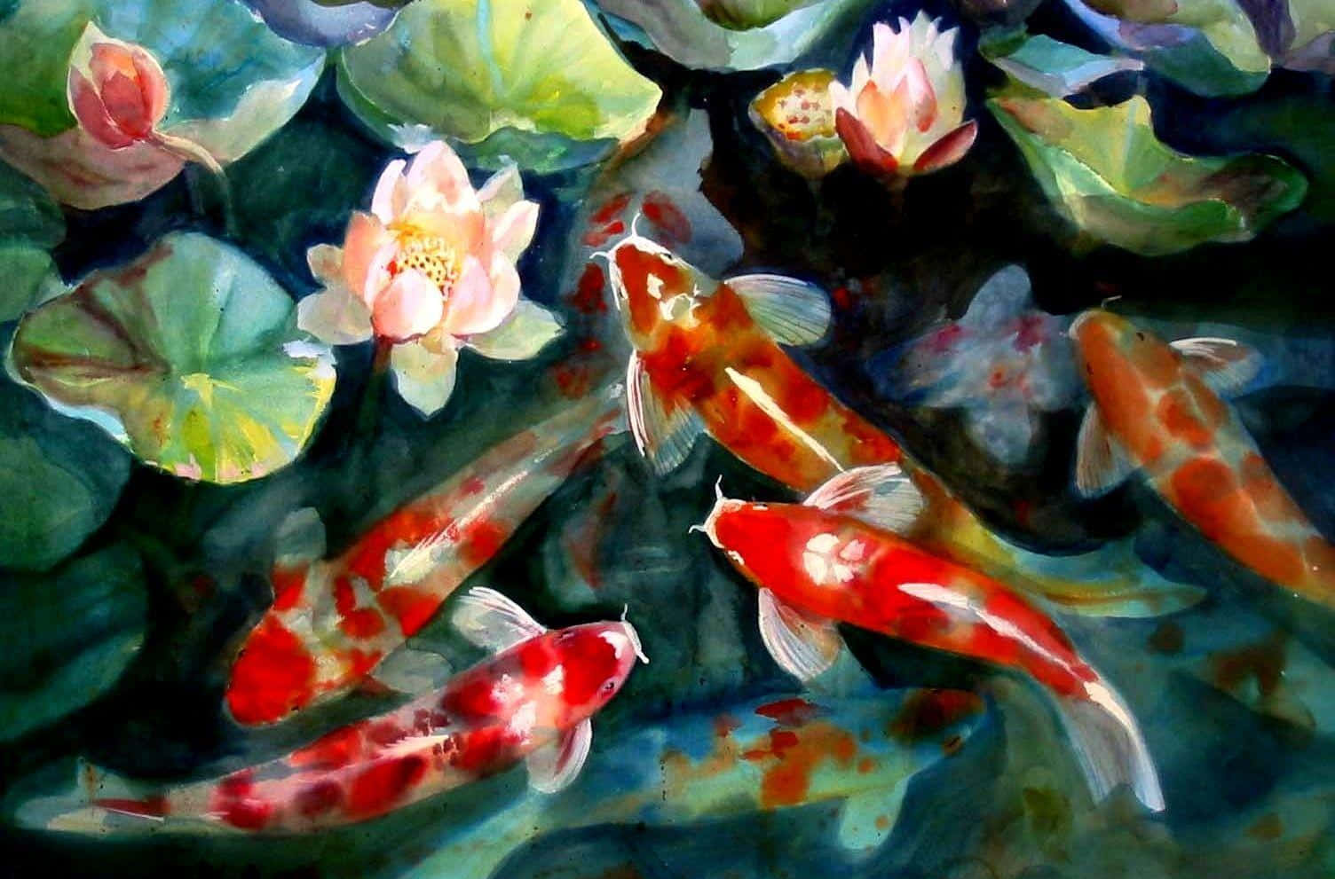 ปลาคราฟสีส้มและดอกบัวสด วอลเปเปอร์