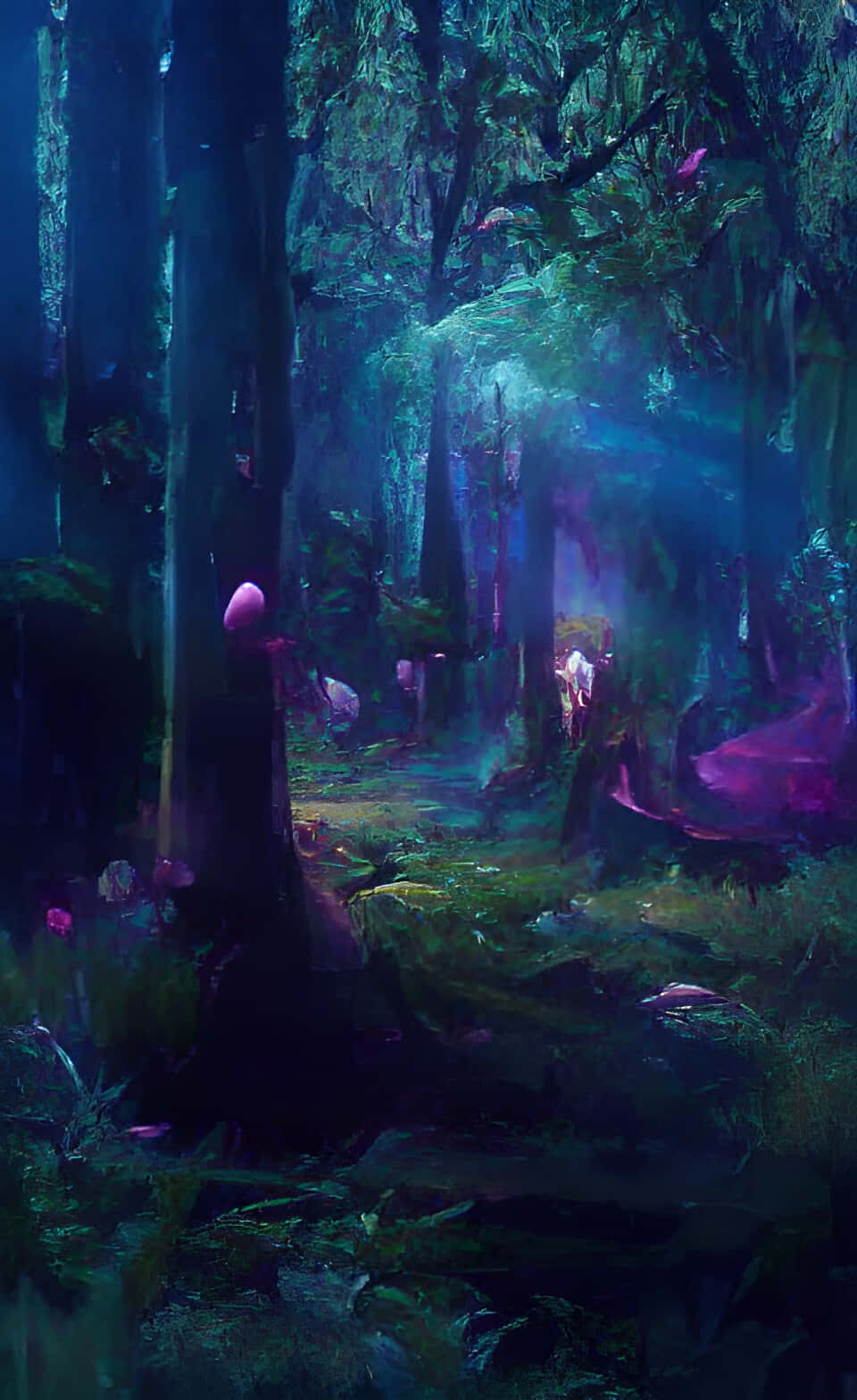 ป่าที่มีต้นไม้มากมายและแสงสีม่วงมากมาย วอลเปเปอร์