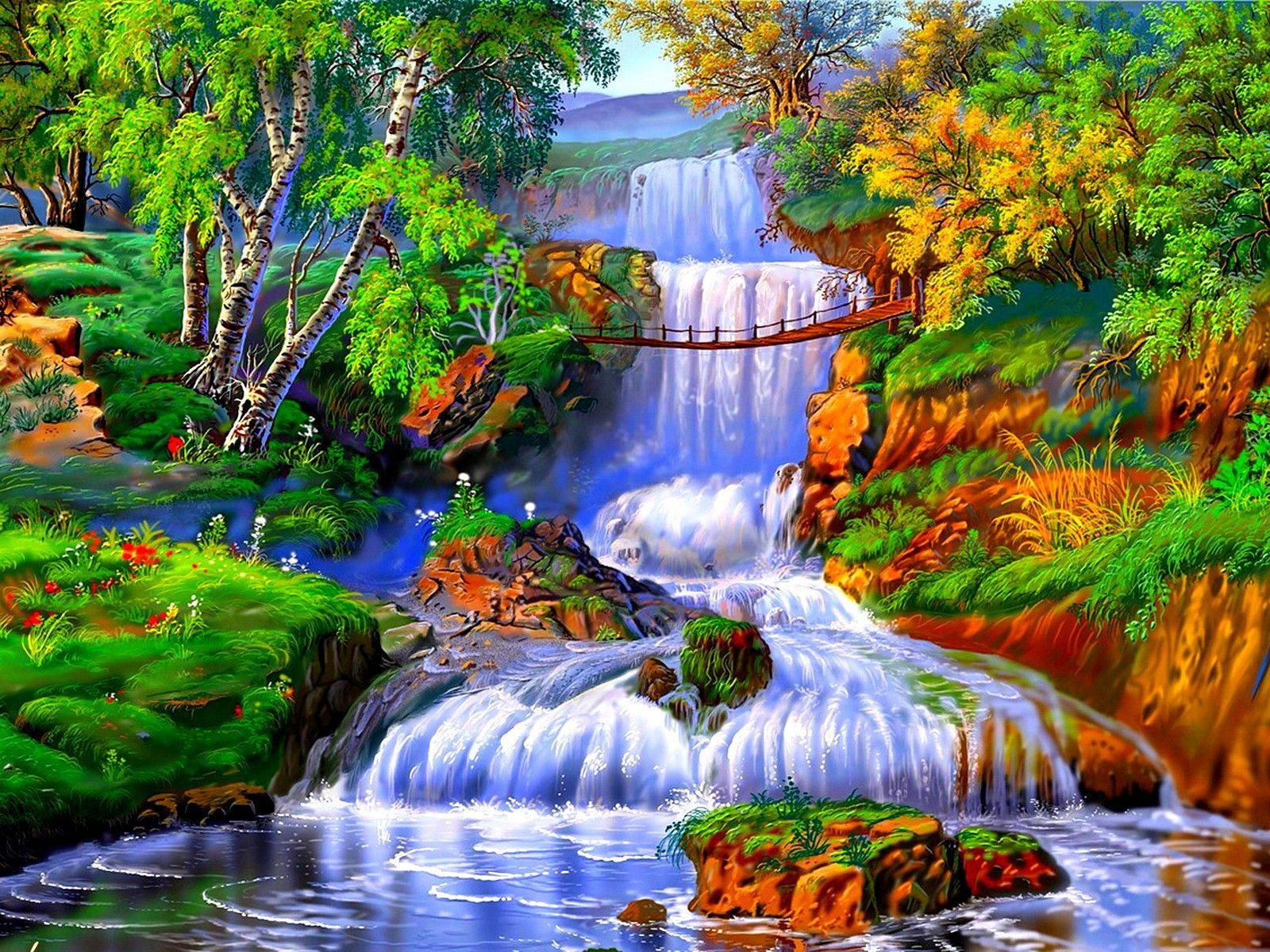 ป่าสีสันสวยงามกับน้ำตก วอลเปเปอร์
