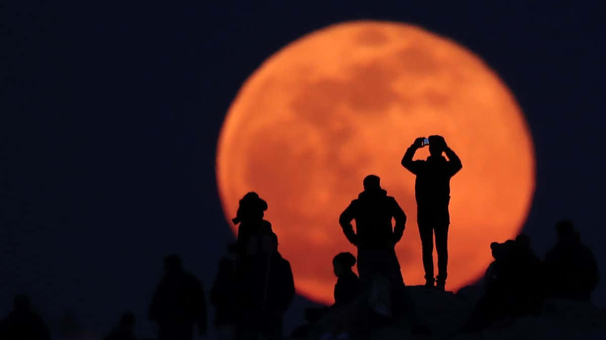 ผู้คนกำลังถ่ายรูปดวงจันทร์สีแดง วอลเปเปอร์