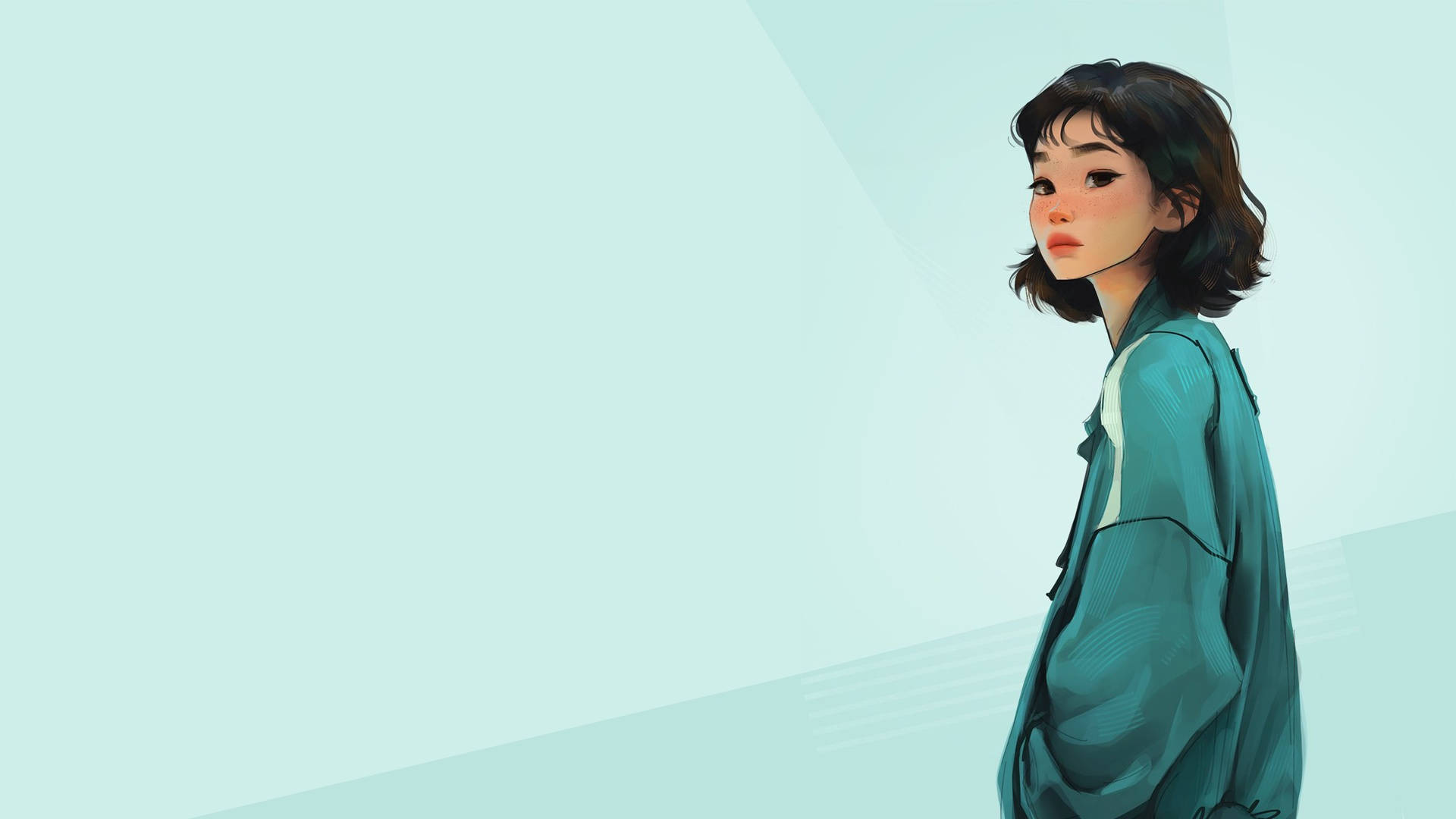 ผู้เล่น 067 เกมปลาหมึก พื้นหลังสีเขียวมิ้นท์ วอลเปเปอร์