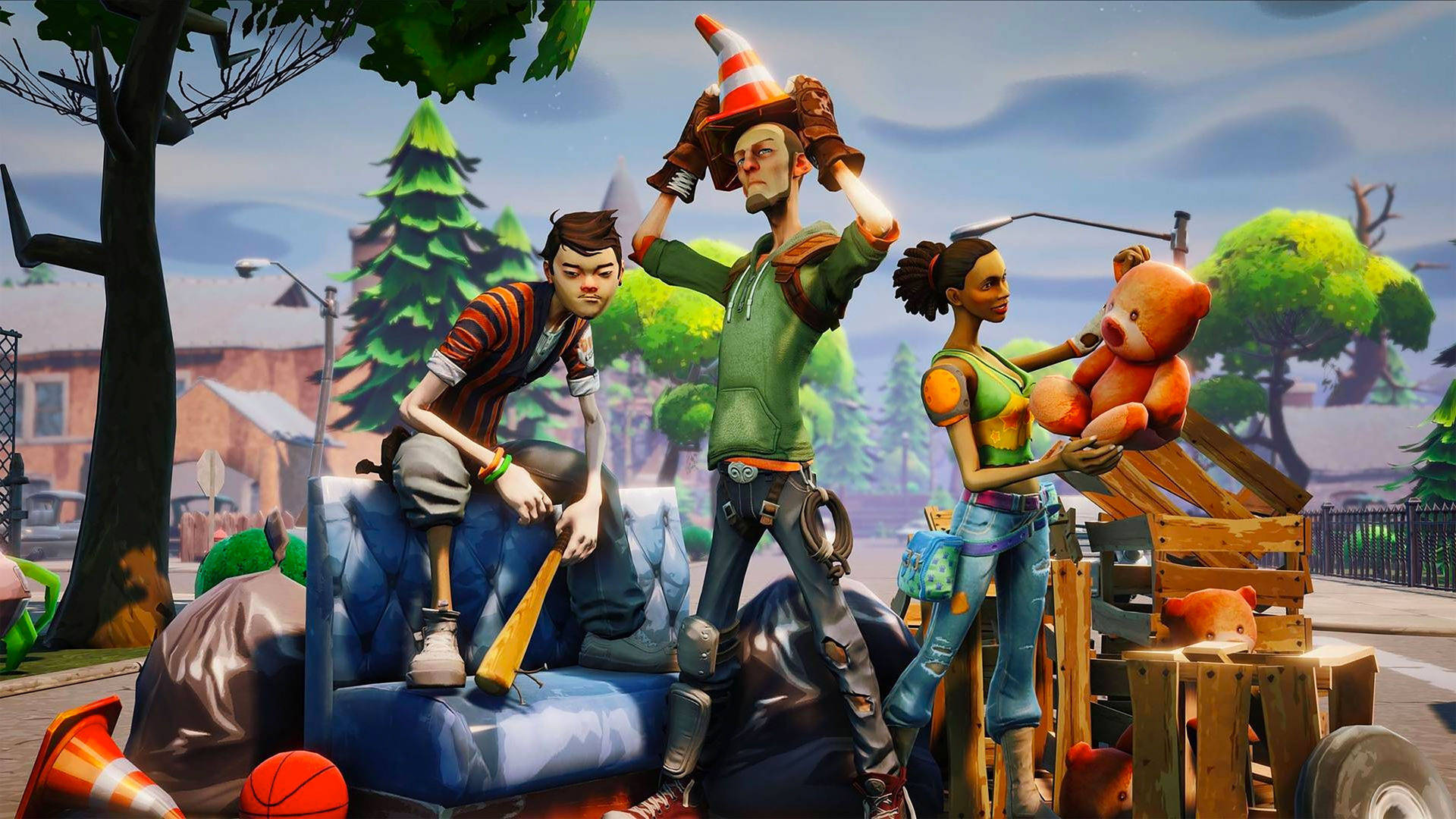 ตัวละครสามตัวจาก Fortnite โพสท่าบนถนน วอลเปเปอร์ HD — ฟอร์ทไนท์ วอลเปเปอร์