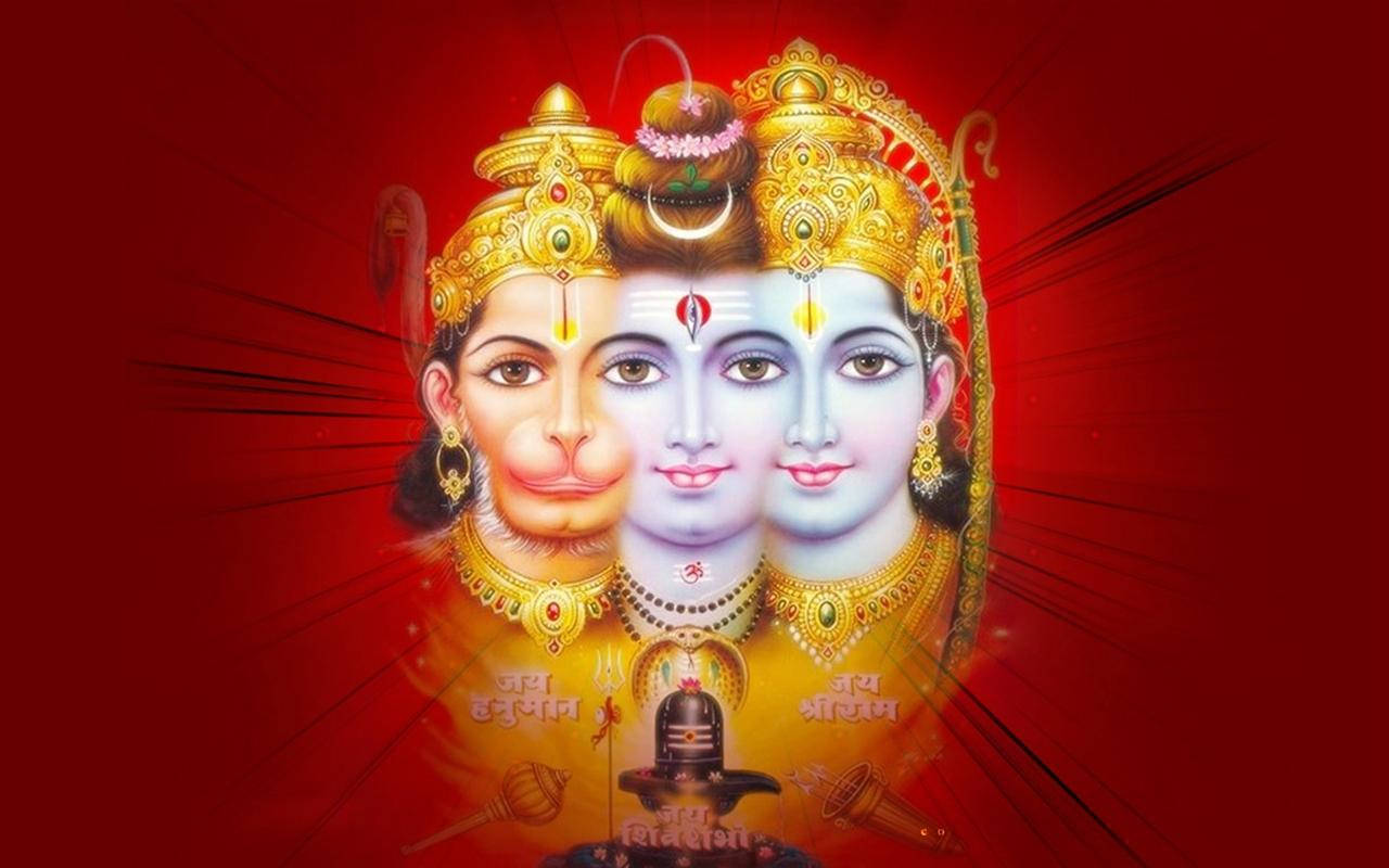 พระรามพร้อมสีกาและหนุมาน ศิลปะสีแดงเข้ม วอลเปเปอร์