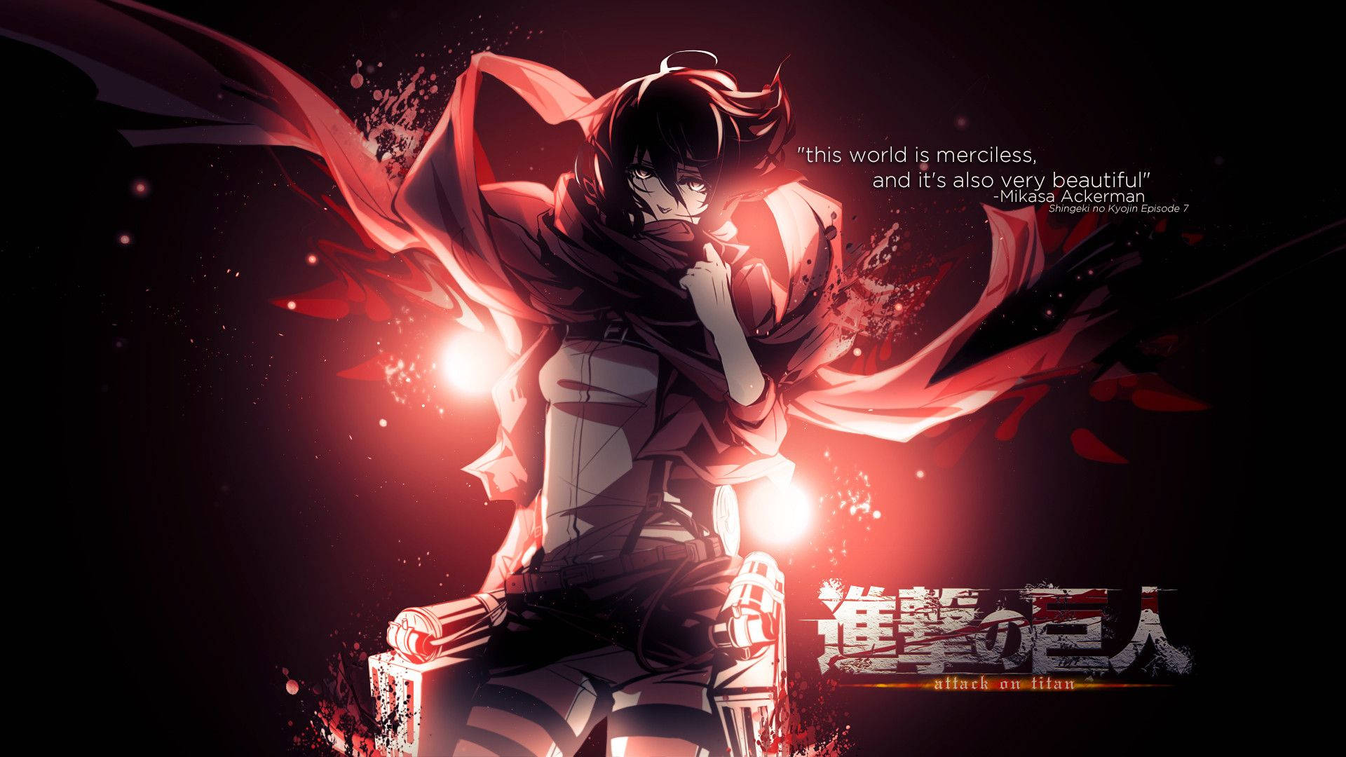 มิคาสะ อัคเคอร์แมน ถือผ้าพันคอสีแดงแนบใบหน้าพร้อมคำพูด ในวอลเปเปอร์ Attack on Titan — Attack On Titan วอลเปเปอร์