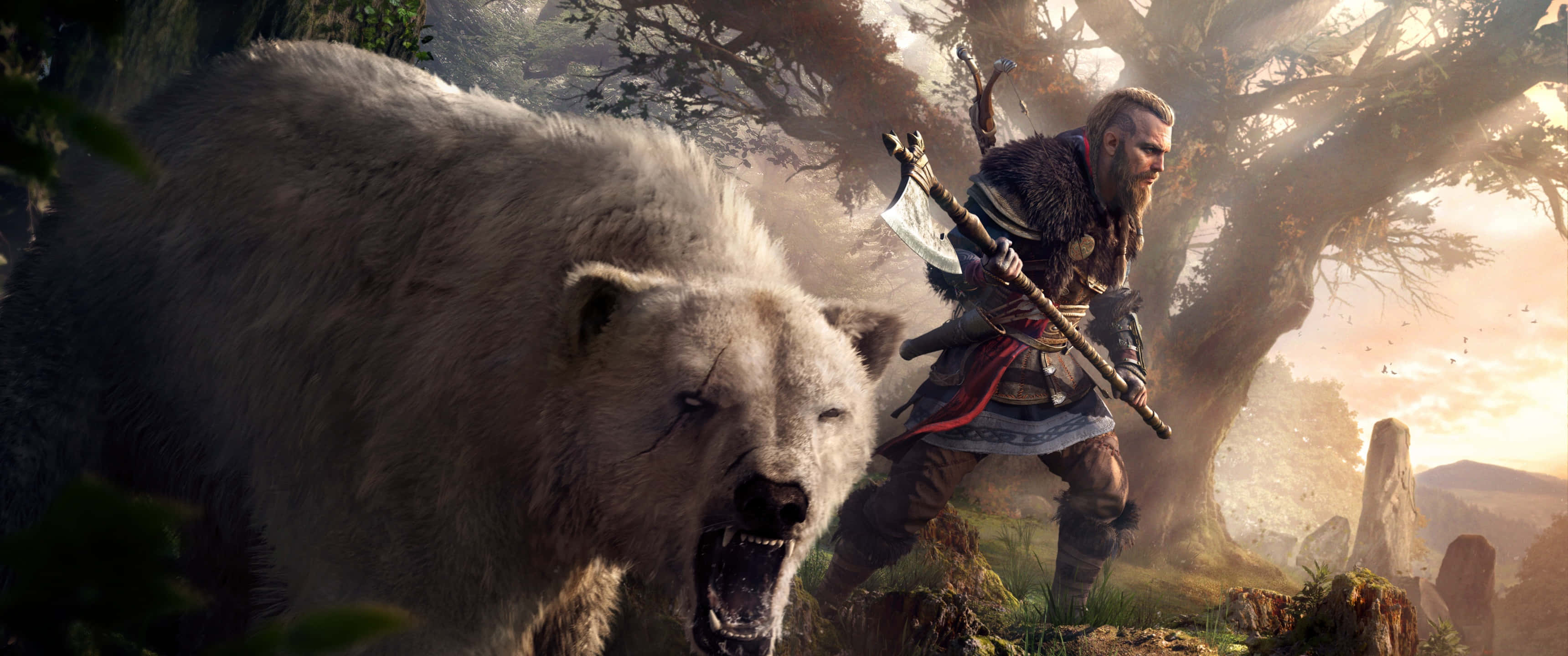 พื้นหลัง 3440x1440p Assassin's Creed Odyssey นักรบและหมีขั้วโลก วอลเปเปอร์