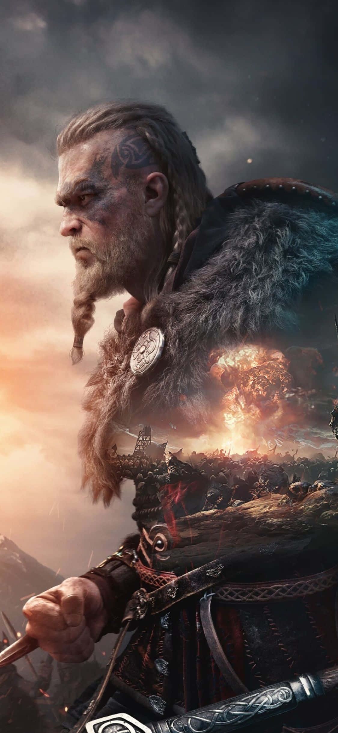 พื้นหลัง Eivor กับภาพระเบิดที่ถูกครอบตัด Assassin's Creed Valhalla สำหรับ iPhone XS วอลเปเปอร์