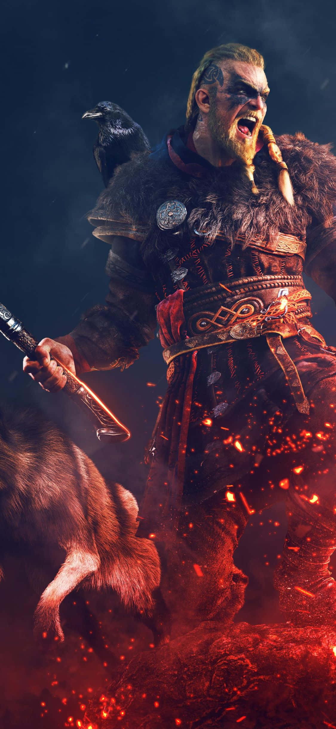 พื้นหลัง Eivor เผชิญหน้าไฟ Assassin's Creed Valhalla สำหรับ iPhone XS วอลเปเปอร์