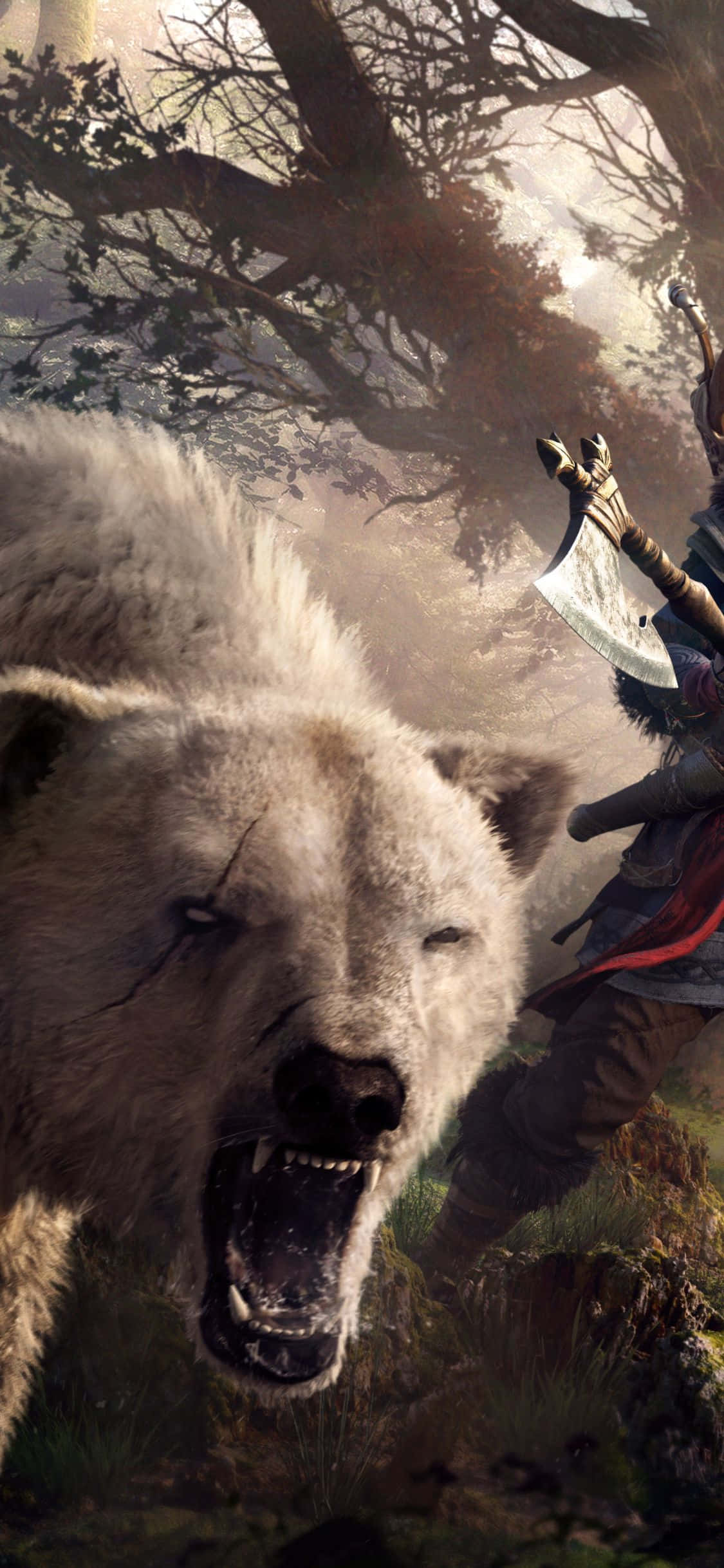 พื้นหลัง iPhone Xs Assassin's Creed Valhalla หมีขาวคำราม วอลเปเปอร์