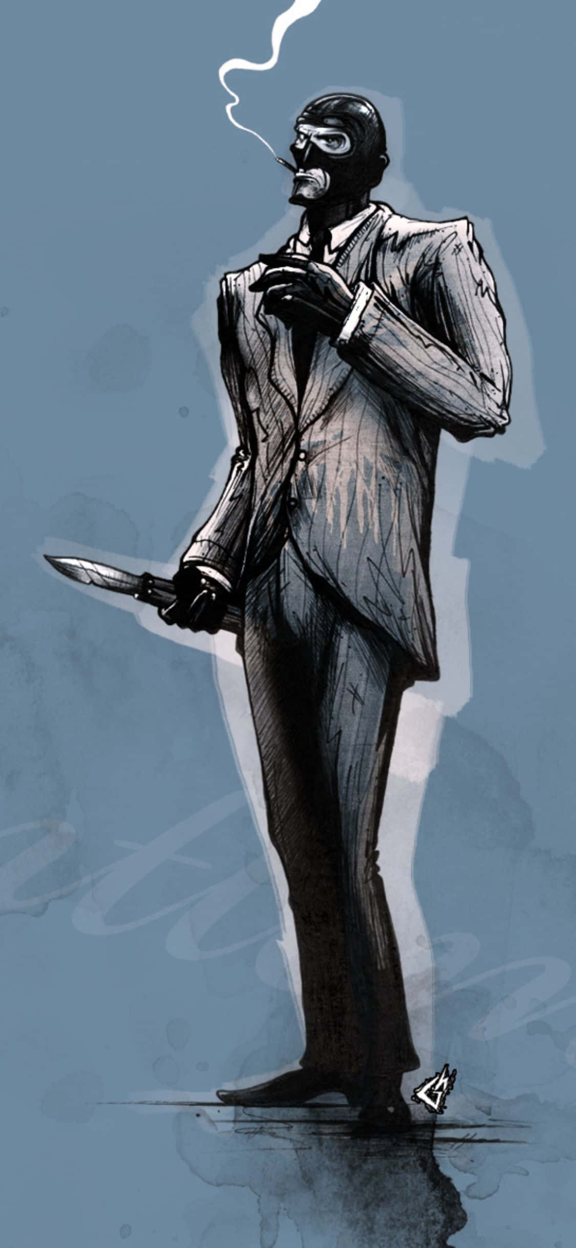 พื้นหลัง iPhone Xs Tf2 ภาพวาดแฟนอาร์ตของ Spy สูบบุหรี่ วอลเปเปอร์