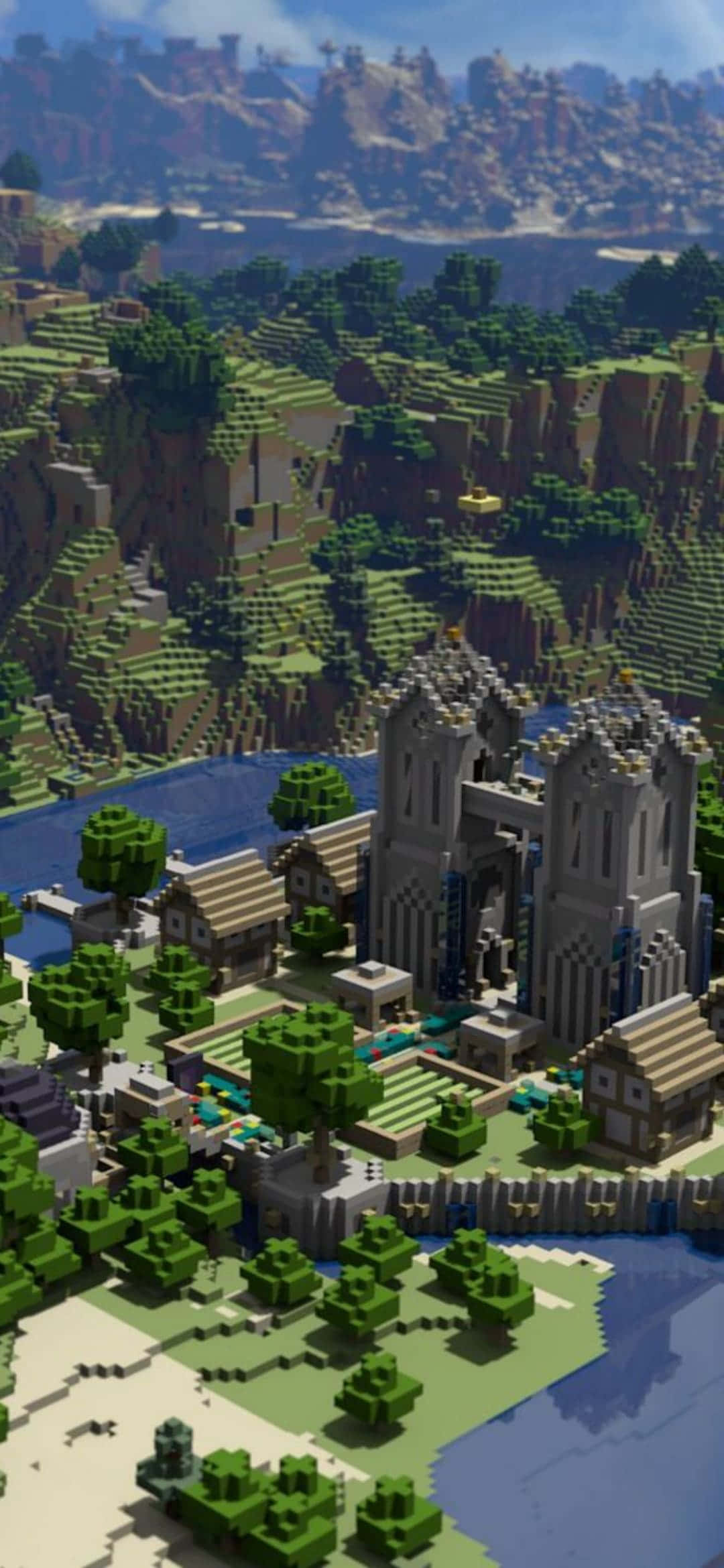 พื้นหลัง Minecraft Pixel 3 ปราสาทริมแม่น้ำ วอลเปเปอร์