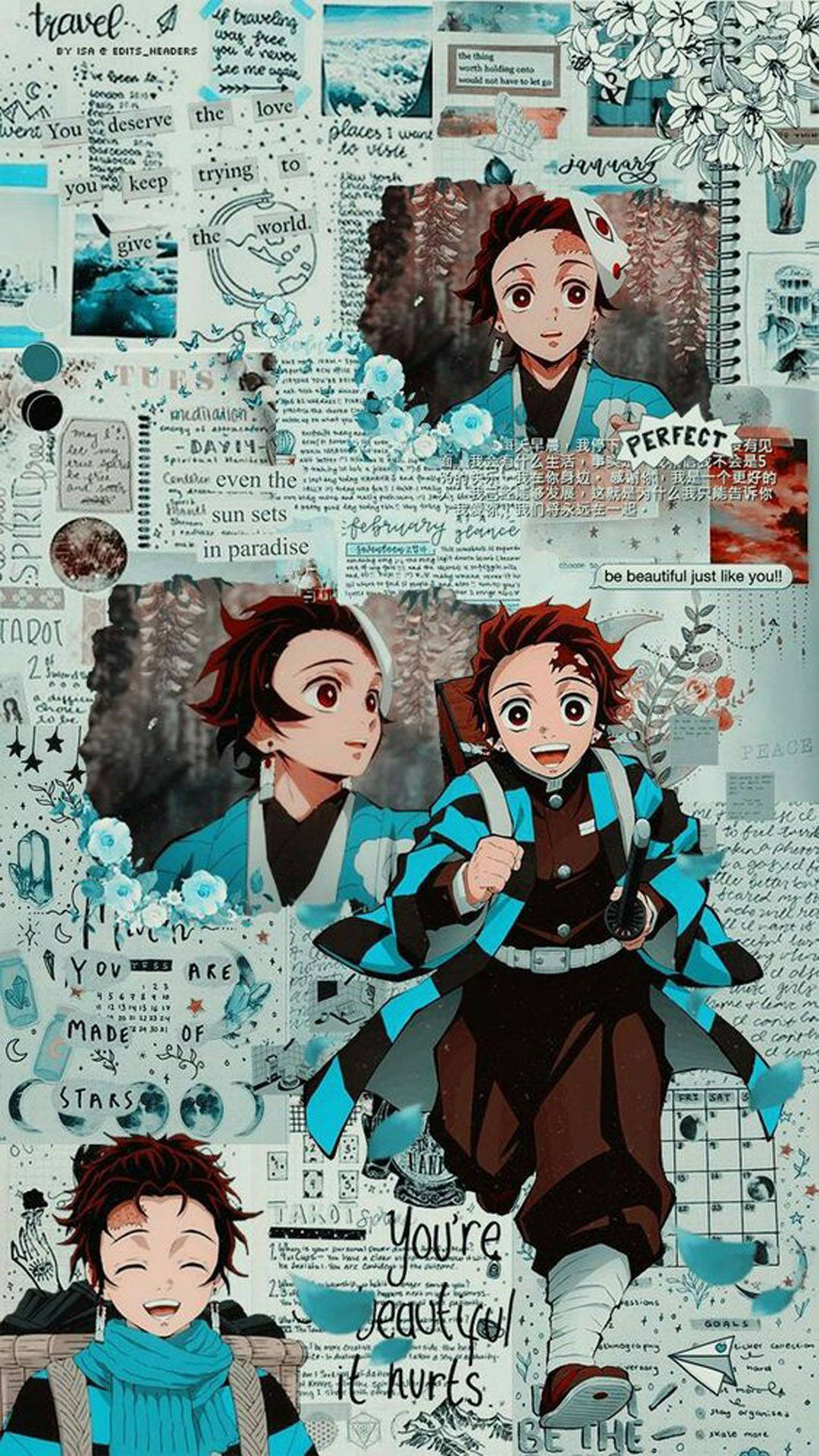 พื้นหลัง Tanjiro คอลลาจสไตล์สวยงาม Demon Slayer สำหรับ iPhone วอลเปเปอร์