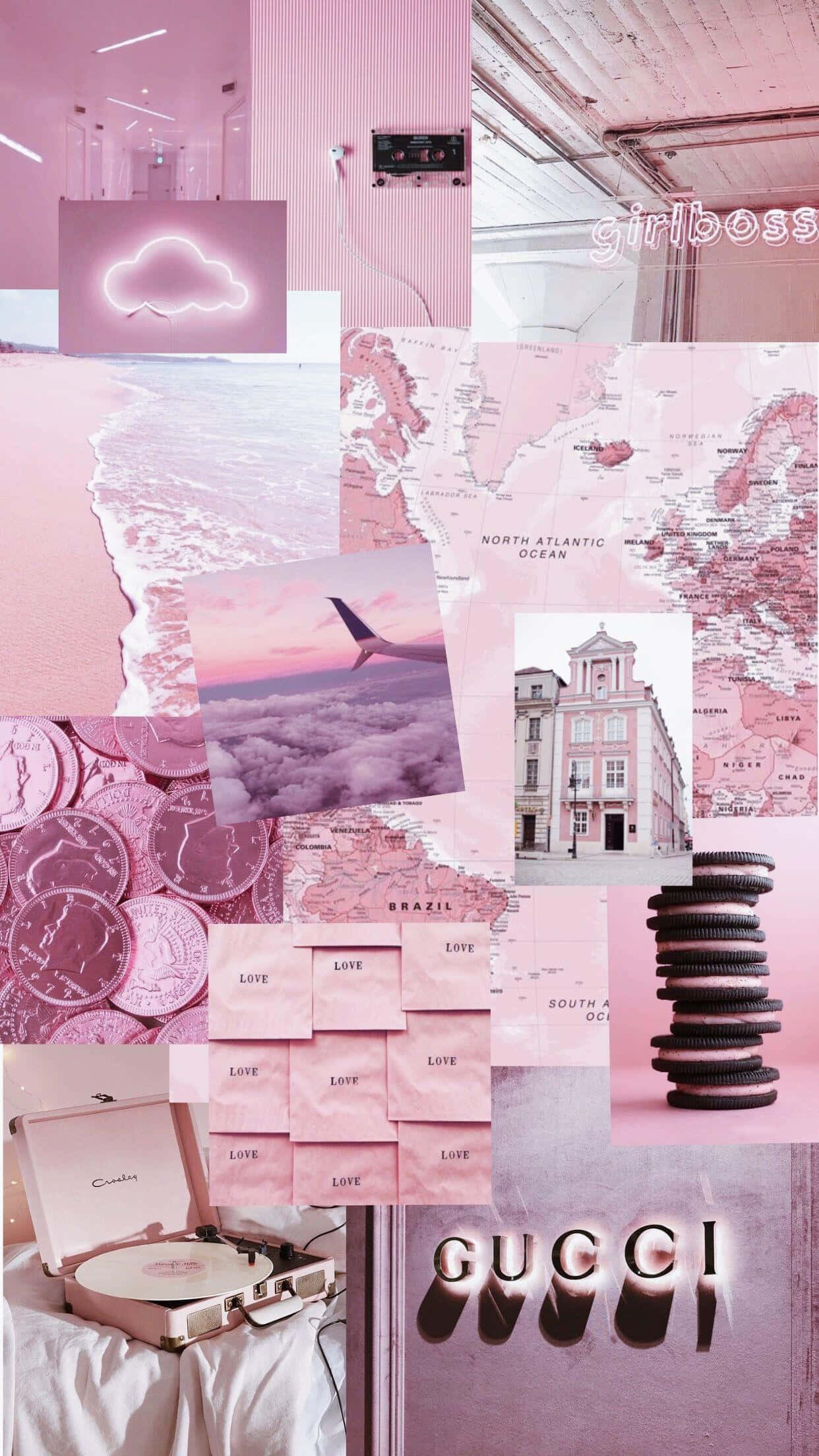 พื้นหลังคอลลาจสีชมพูสไตล์เอสเธติกสถานที่สวยงาม วอลเปเปอร์