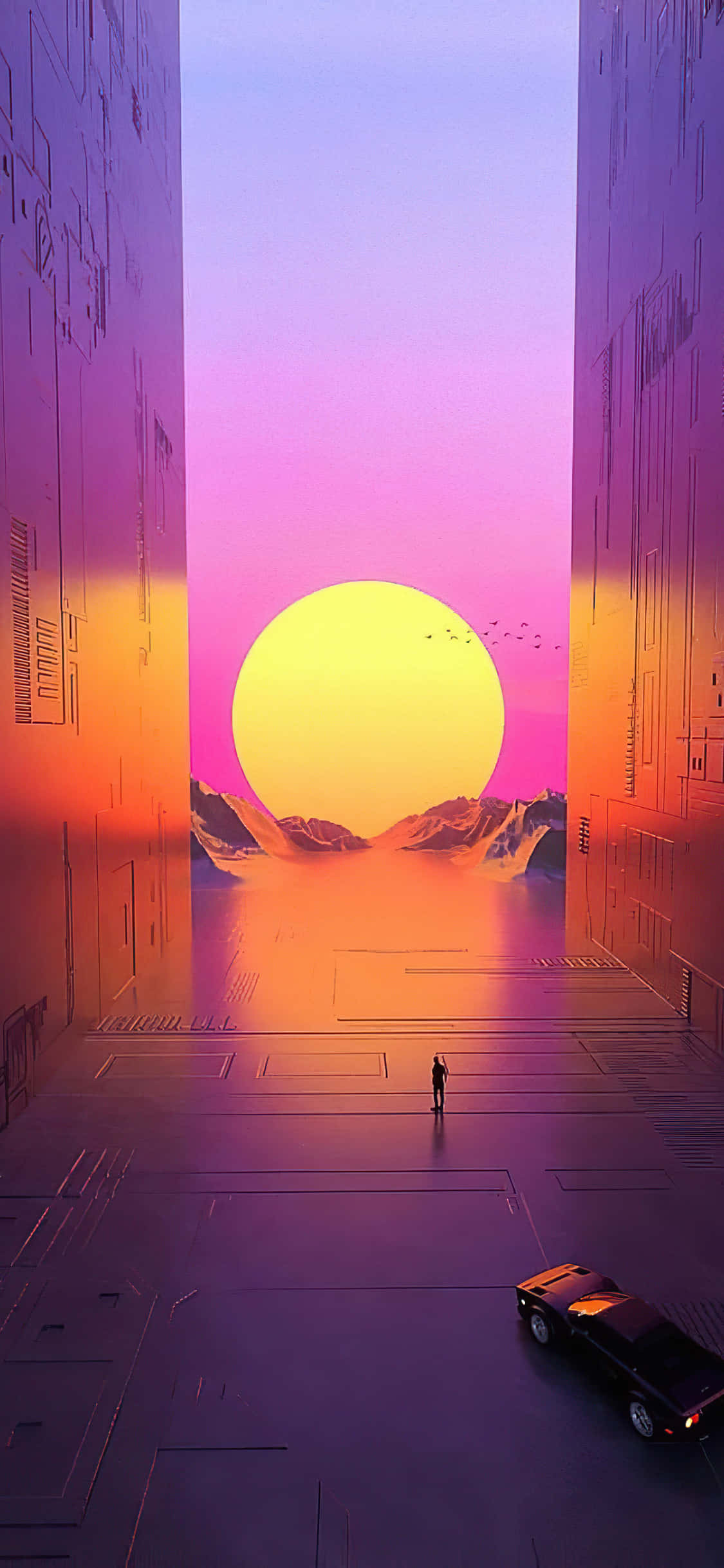 พื้นหลังศิลปะดิจิทัลแนว Vaporwave สีชมพูพระอาทิตย์ตกแห่งอนาคต วอลเปเปอร์