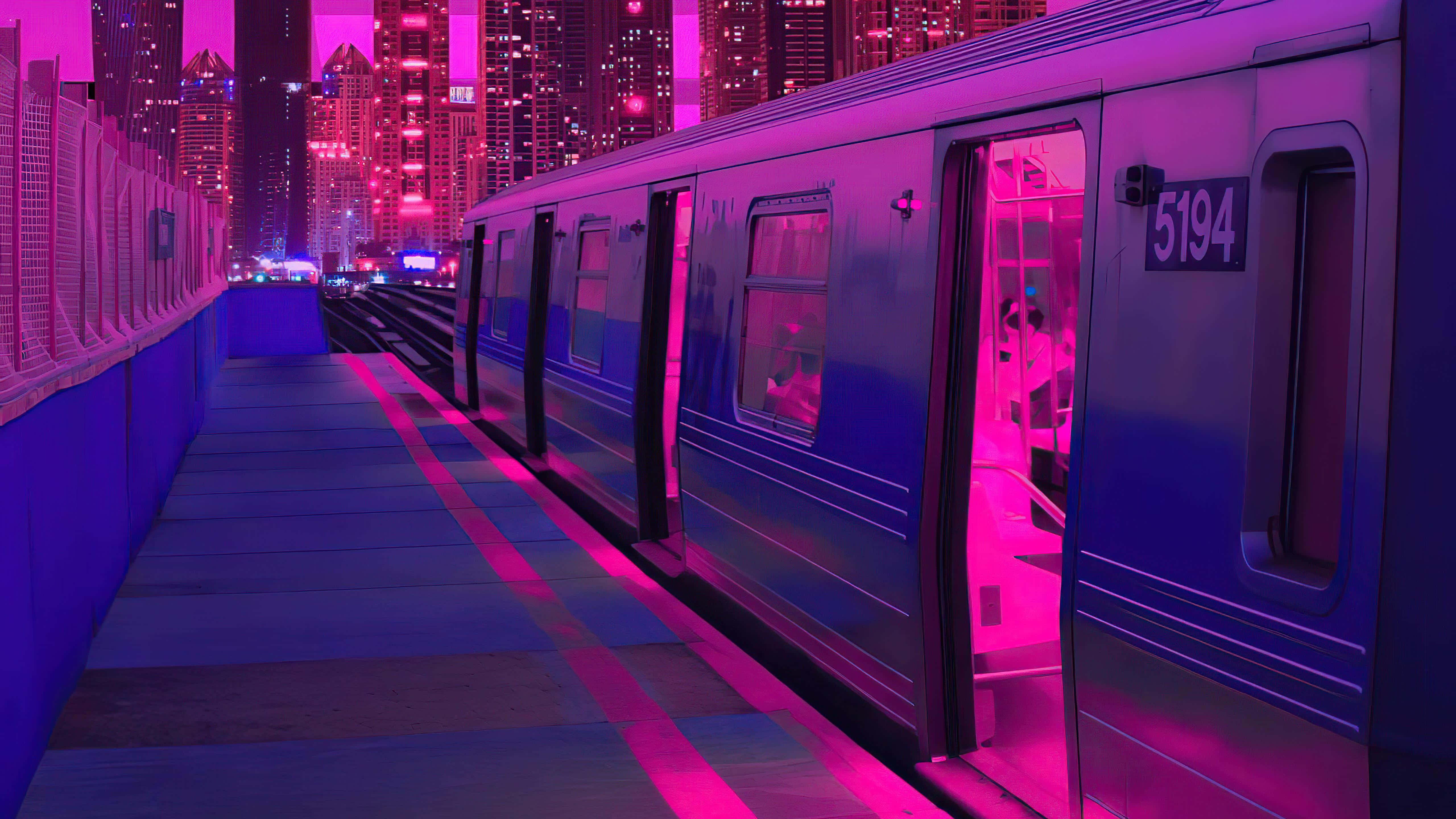 พื้นหลังนีออนรถไฟแนวซินธ์เวฟ วอลเปเปอร์