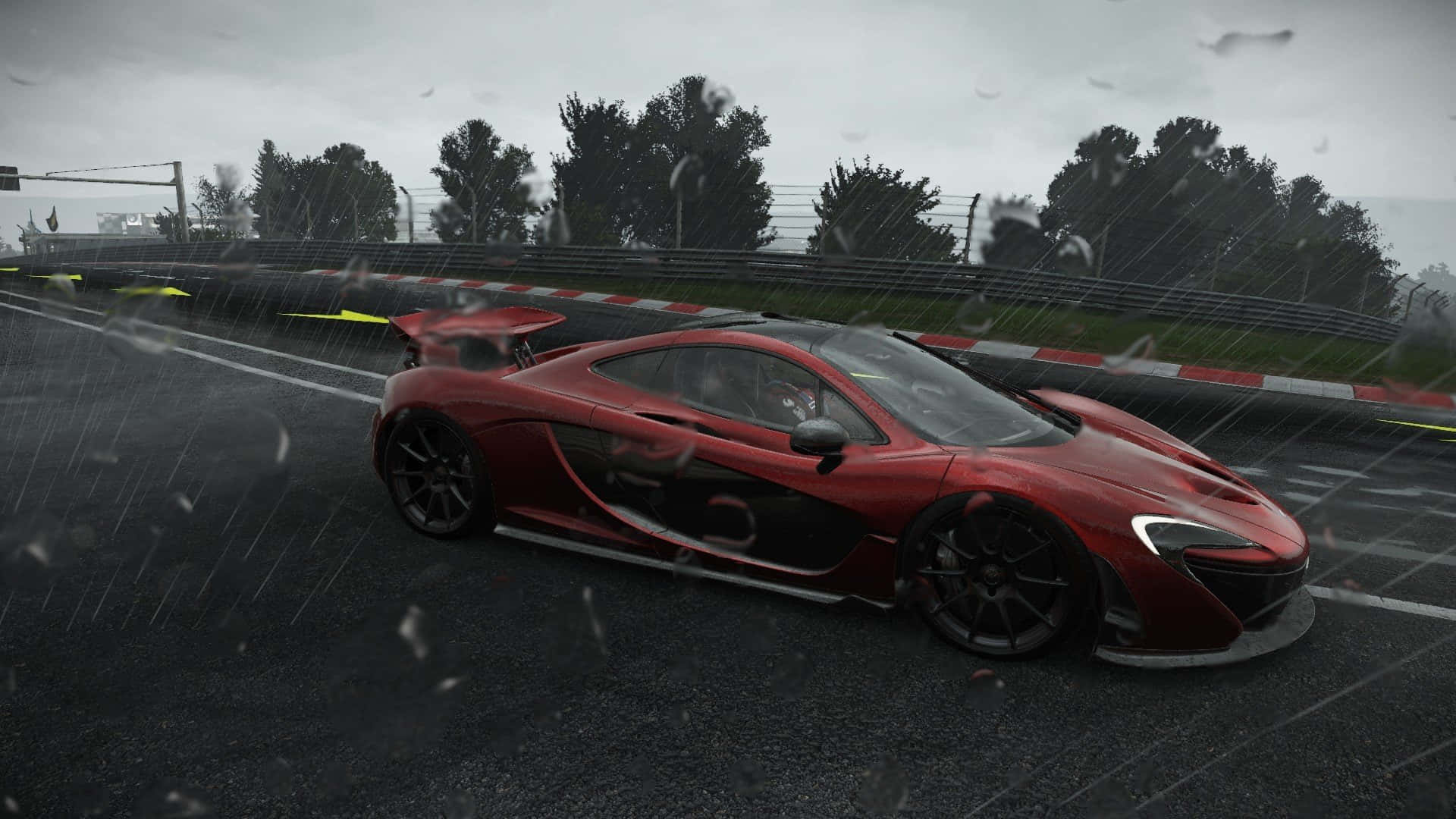 พื้นหลังรถ McLaren P1 สีแดงฝนตกในเกม Project Cars แบบ HD วอลเปเปอร์