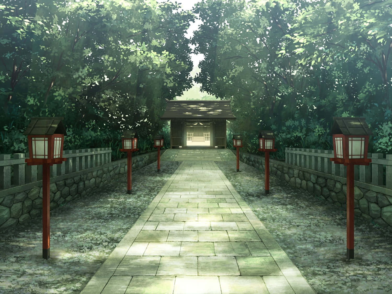 พื้นหลังศาลเจ้าโคมไฟในสวนสไตล์อนิเมะ วอลเปเปอร์