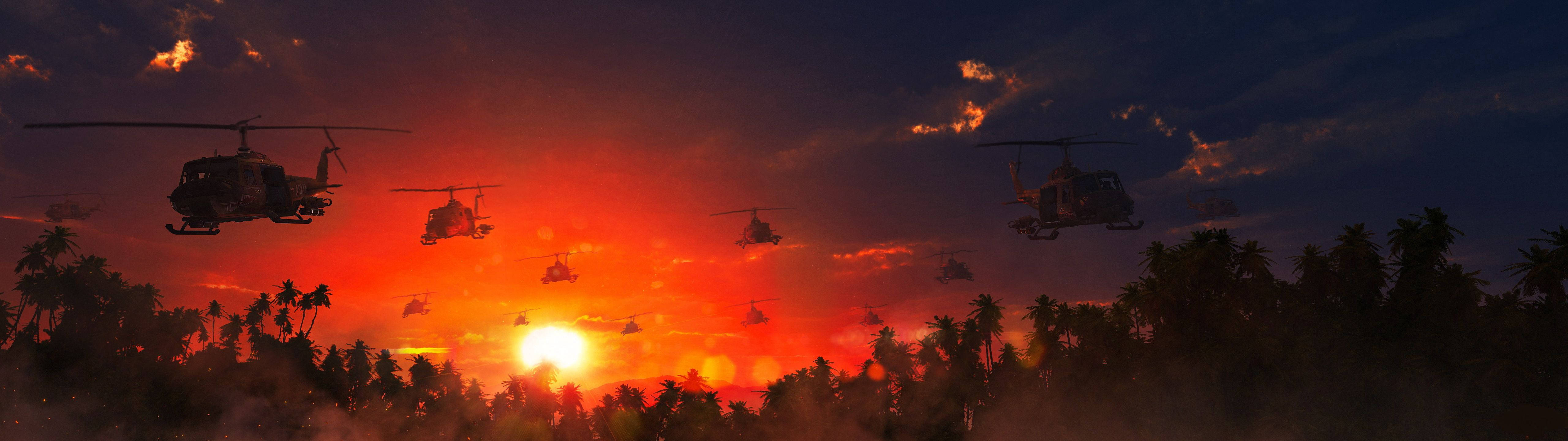 ภาพ เฮลิคอปเตอร์สองลำยามพระอาทิตย์ตก วอลเปเปอร์