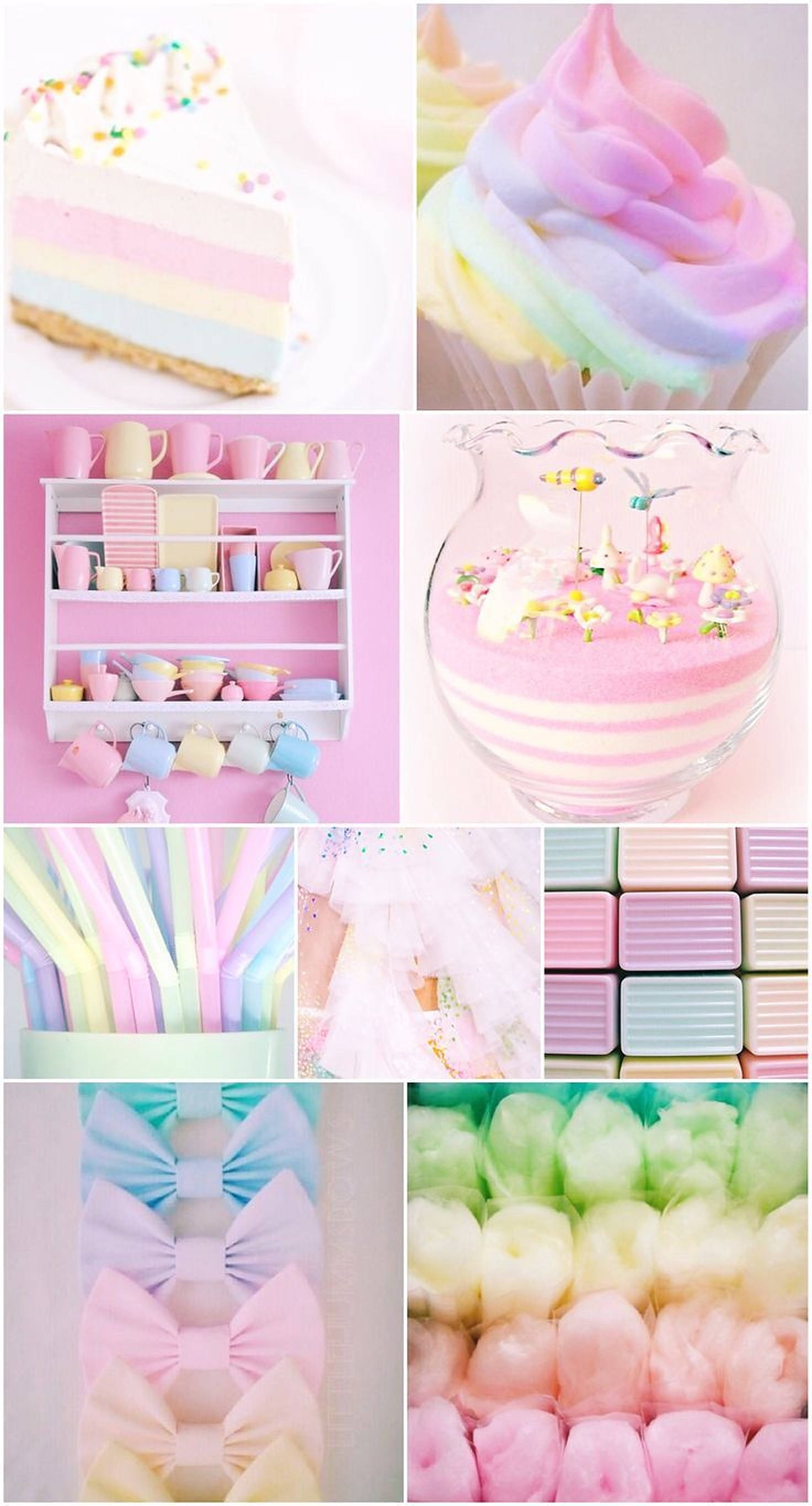ภาพตัดปะสวยงามของสิ่งของสีพาสเทลสายรุ้ง วอลเปเปอร์