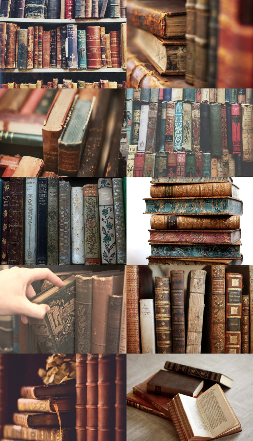 ภาพตัดปะหนังสือเก่าบนชั้นวาง วอลเปเปอร์