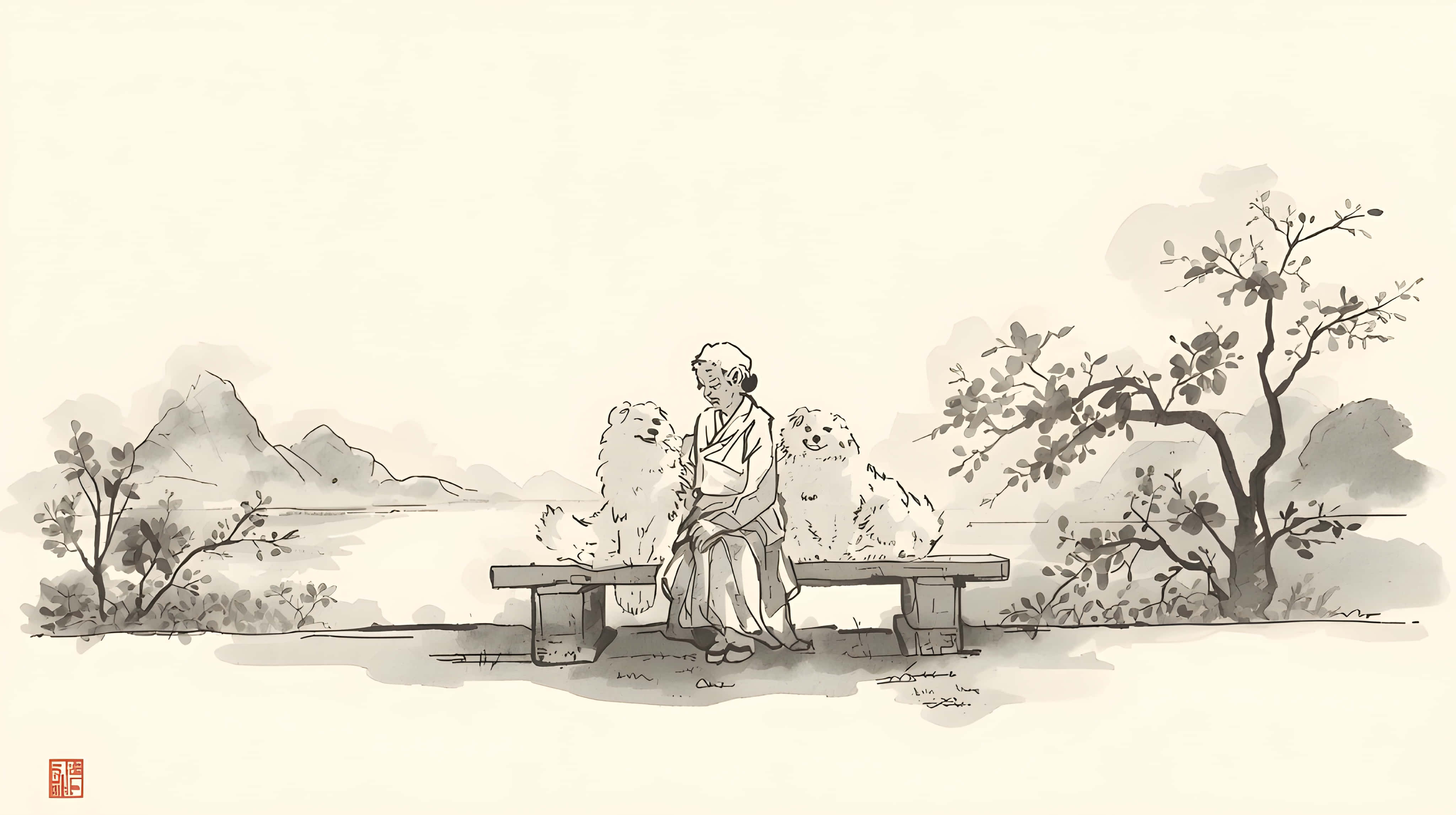 ภาพวอลเปเปอร์หญิงชรานั่งกับสุนัขท่ามกลางธรรมชาติ วอลเปเปอร์