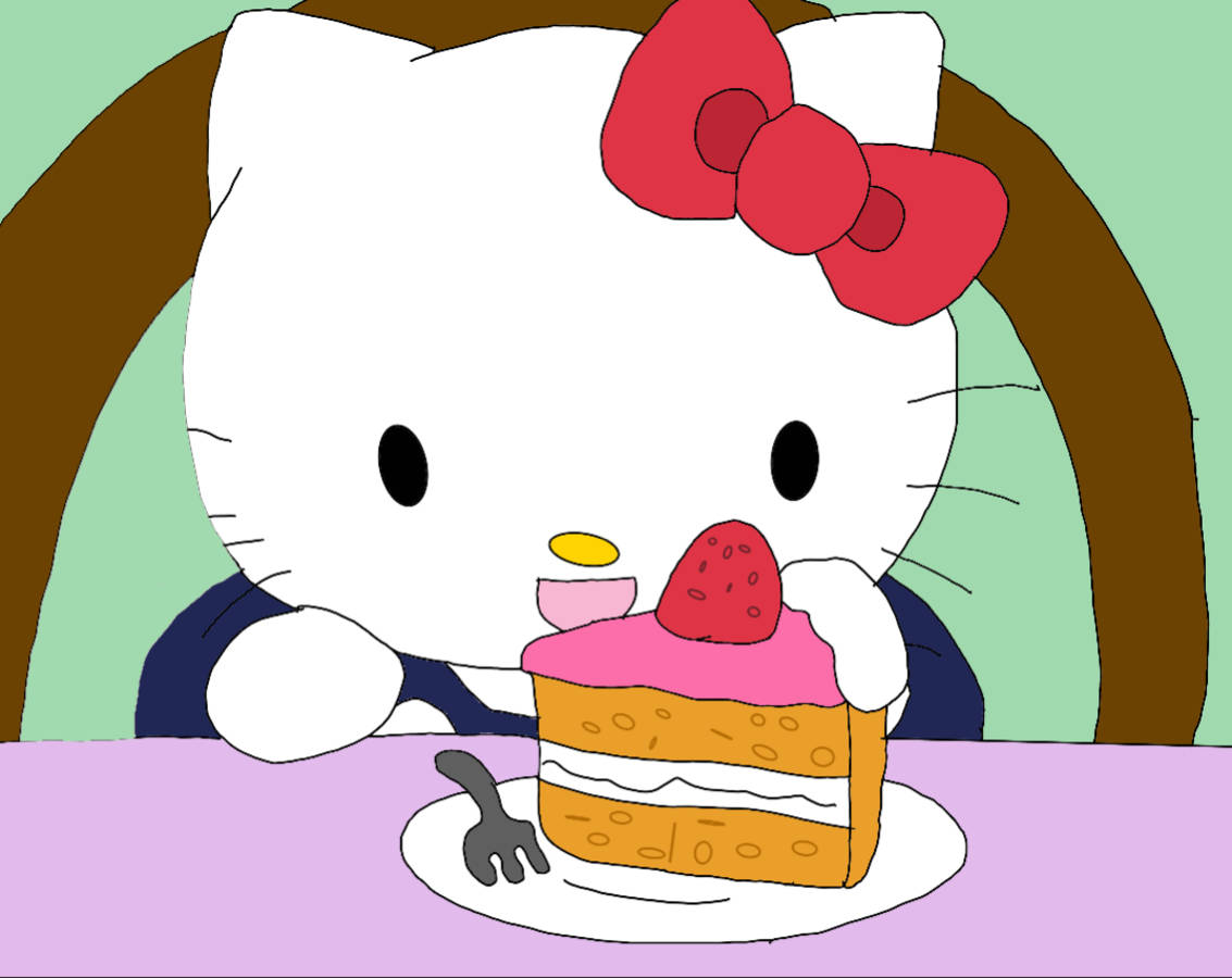 ภาพวาด Hello Kitty PFP กำลังกินเค้ก วอลเปเปอร์