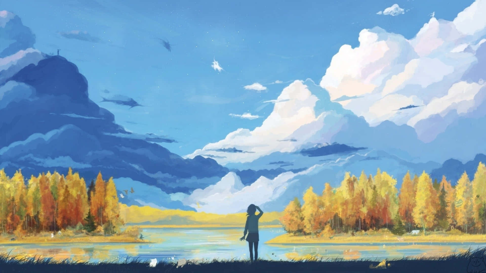 ภาพวาดของคนยืนอยู่ในทุ่งนาที่มีต้นไม้และเมฆ วอลเปเปอร์