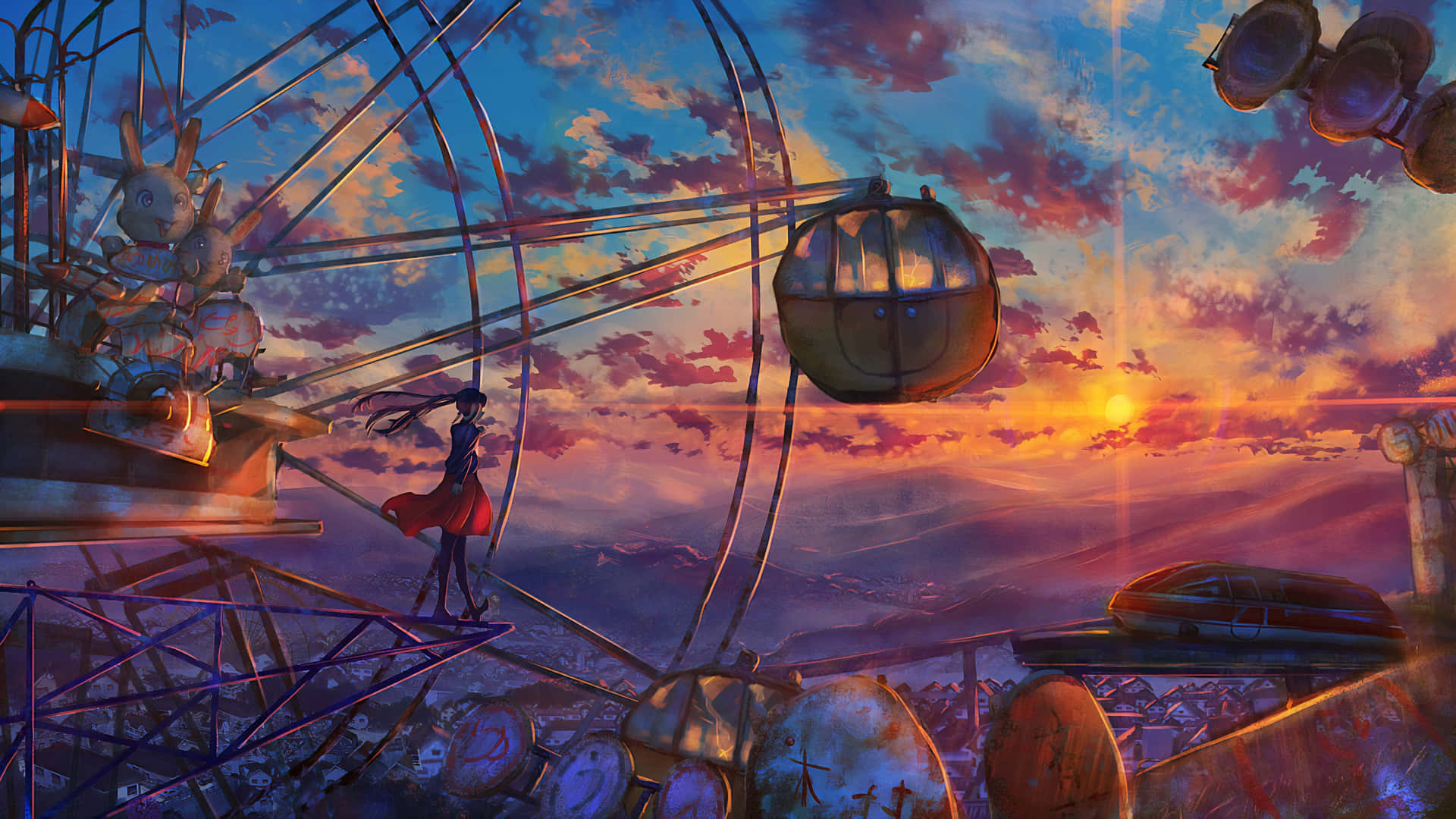 ภาพวาดชิงช้าสวรรค์ยามพระอาทิตย์ตก 4K — 4K อนิเมะ GIF วอลเปเปอร์