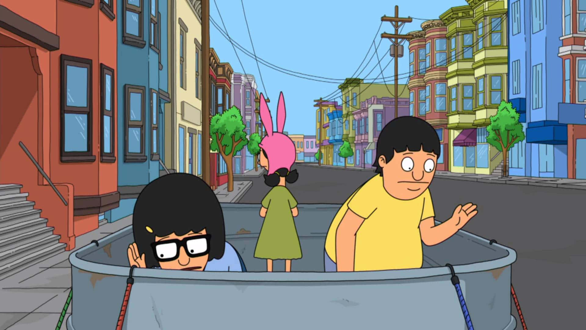 ภาพวาดซีรีส์ Bob's Burgers: บ็อบและครอบครัวยืนอยู่ในร้านเบอร์เกอร์ของพวกเขา วอลเปเปอร์