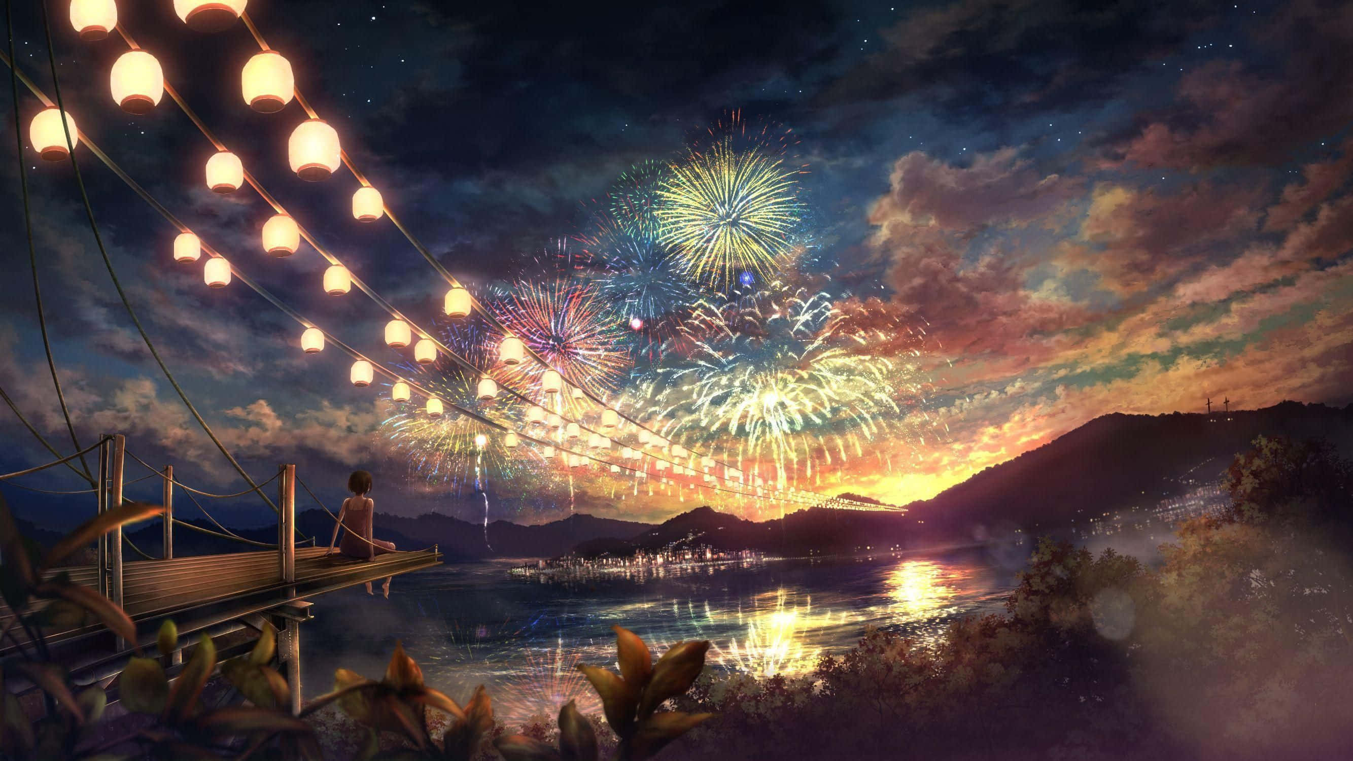 ภาพวาดดอกไม้ไฟเหนือสะพานและทะเลสาบ วอลเปเปอร์