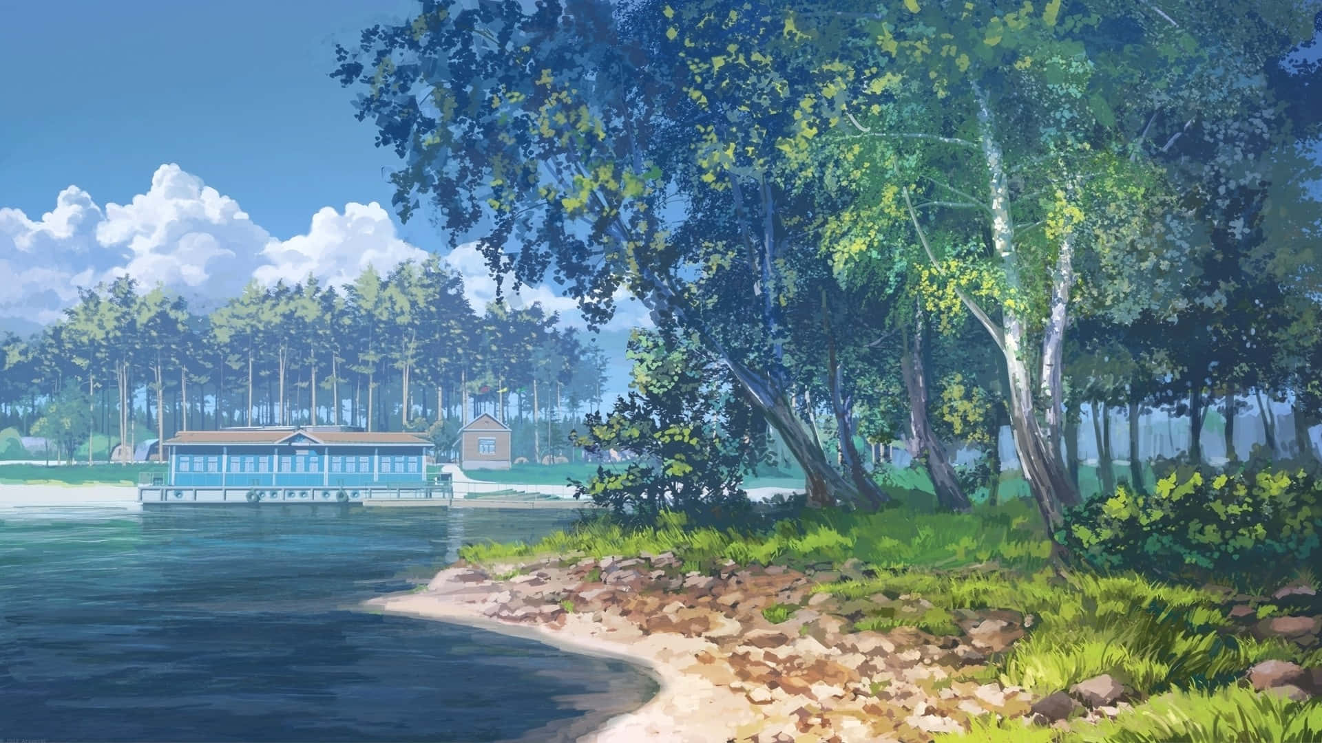ภาพวาดทะเลสาบที่มีบ้านอยู่บนนั้น วอลเปเปอร์