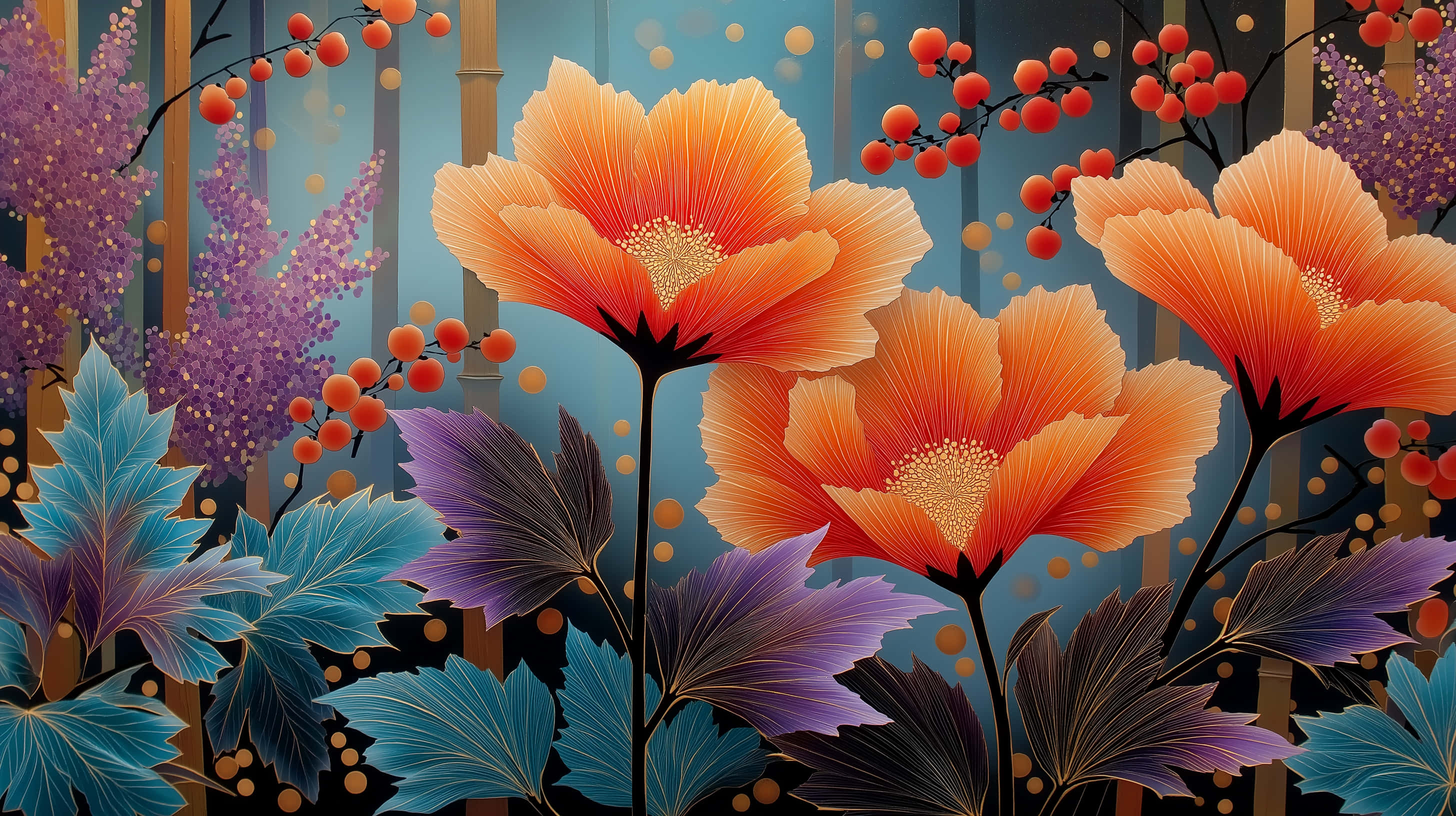 ภาพวาดนามธรรมสไตล์ญี่ปุ่นกับดอกไม้สีส้มสดใส วอลเปเปอร์