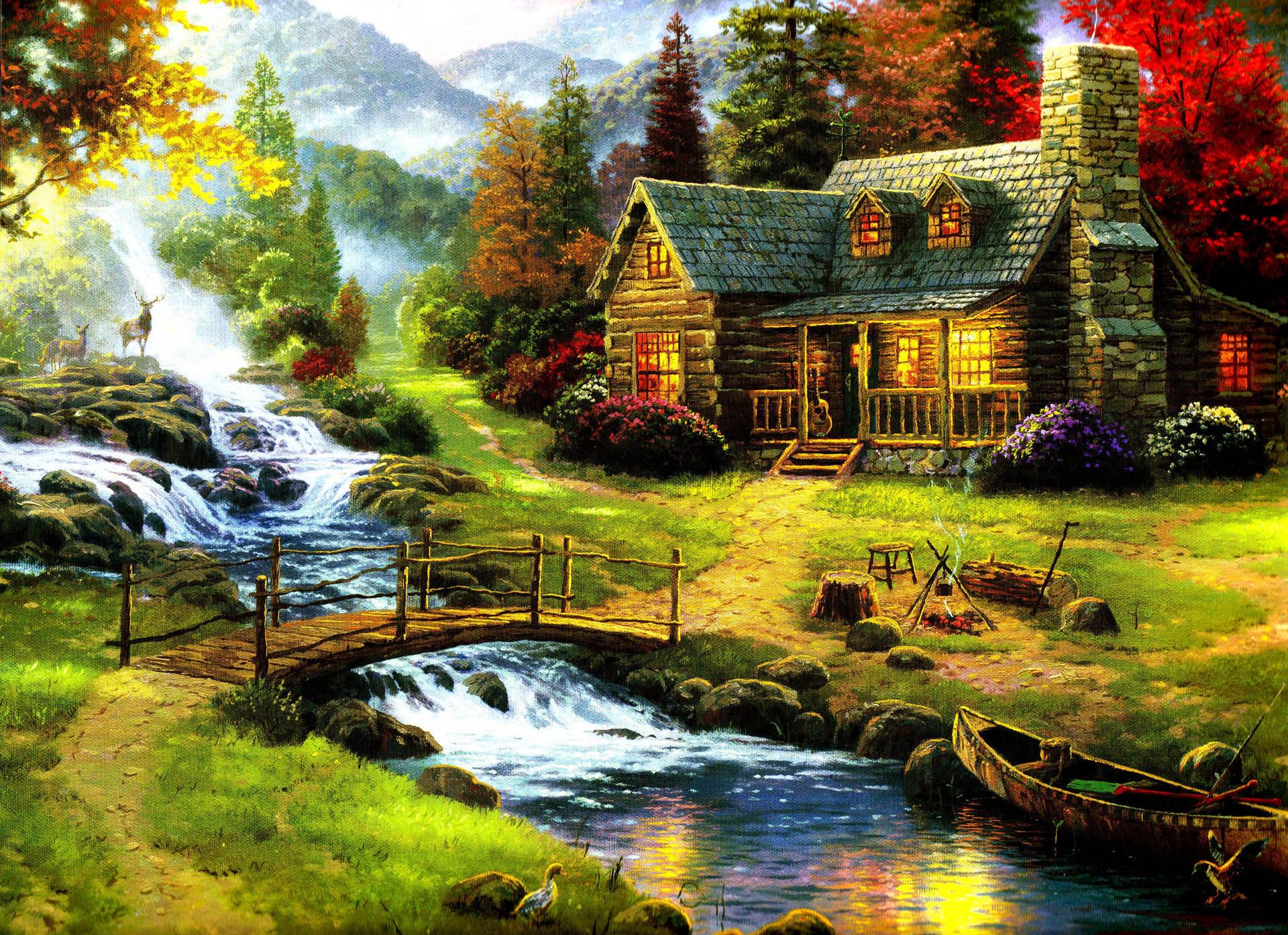 ภาพวาดบ้านพร้อมวิวป่าไม้ วอลเปเปอร์