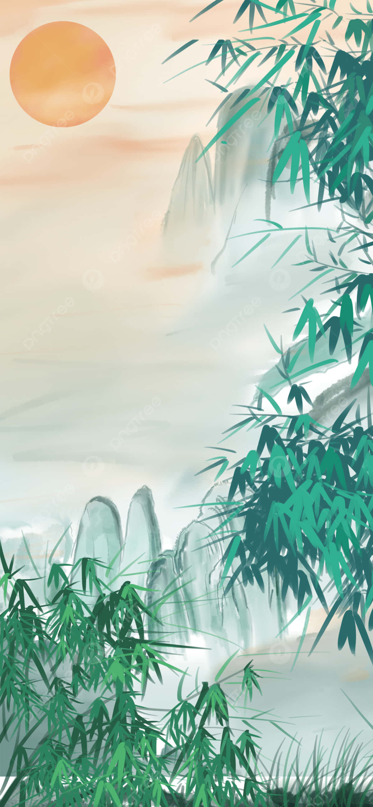 ภาพวาดป่าไผ่กับภูเขา วอลเปเปอร์