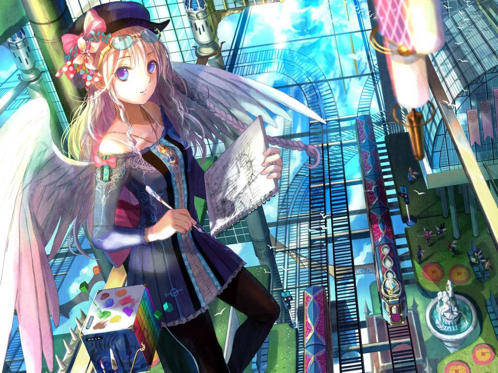 ภาพวาดสาวอนิเมะน่ารักมีปีกนางฟ้า วอลเปเปอร์