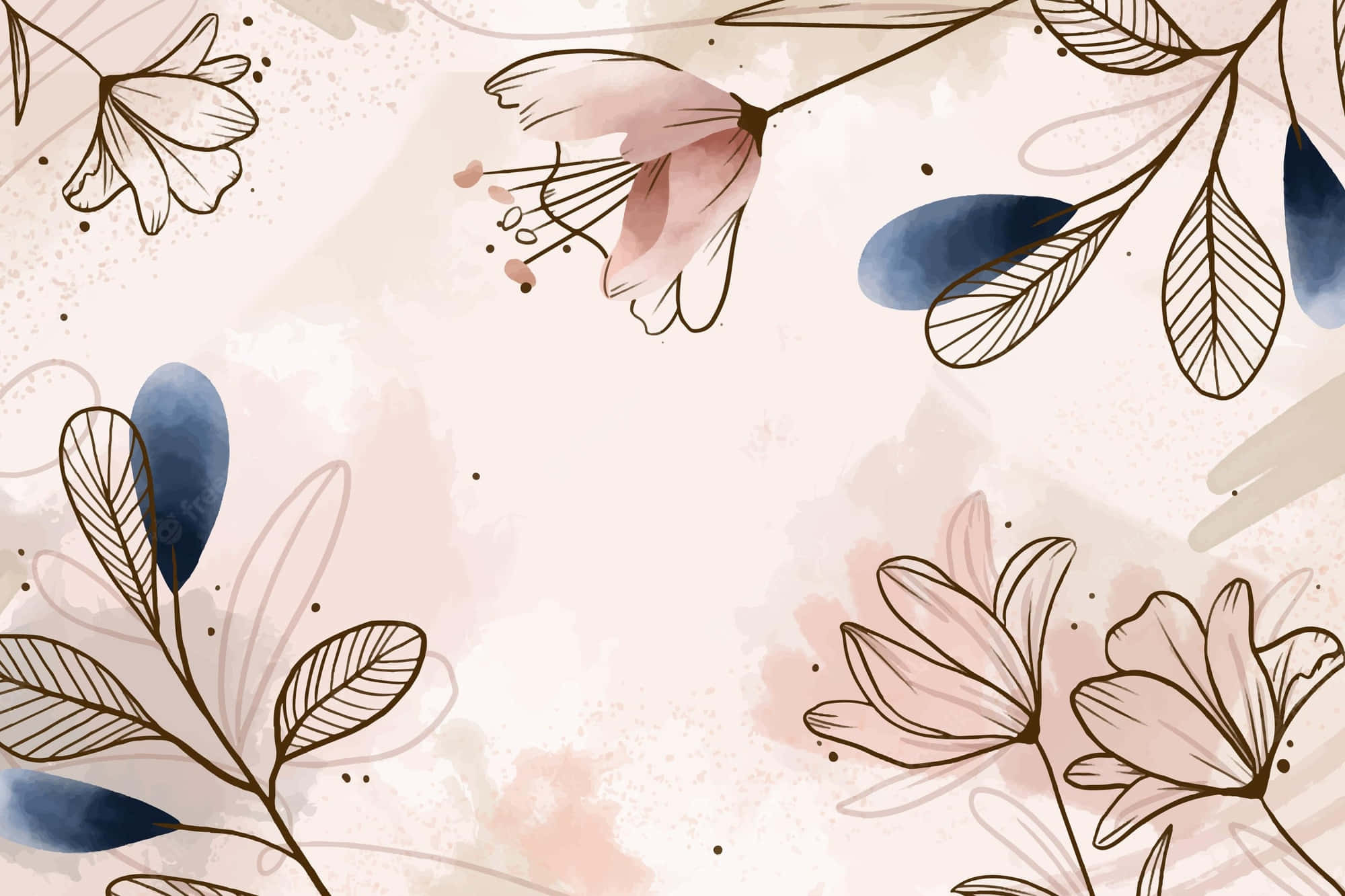 ภาพวาดสีน้ำดอกไม้ประดับใบไม้สีฟ้า วอลเปเปอร์